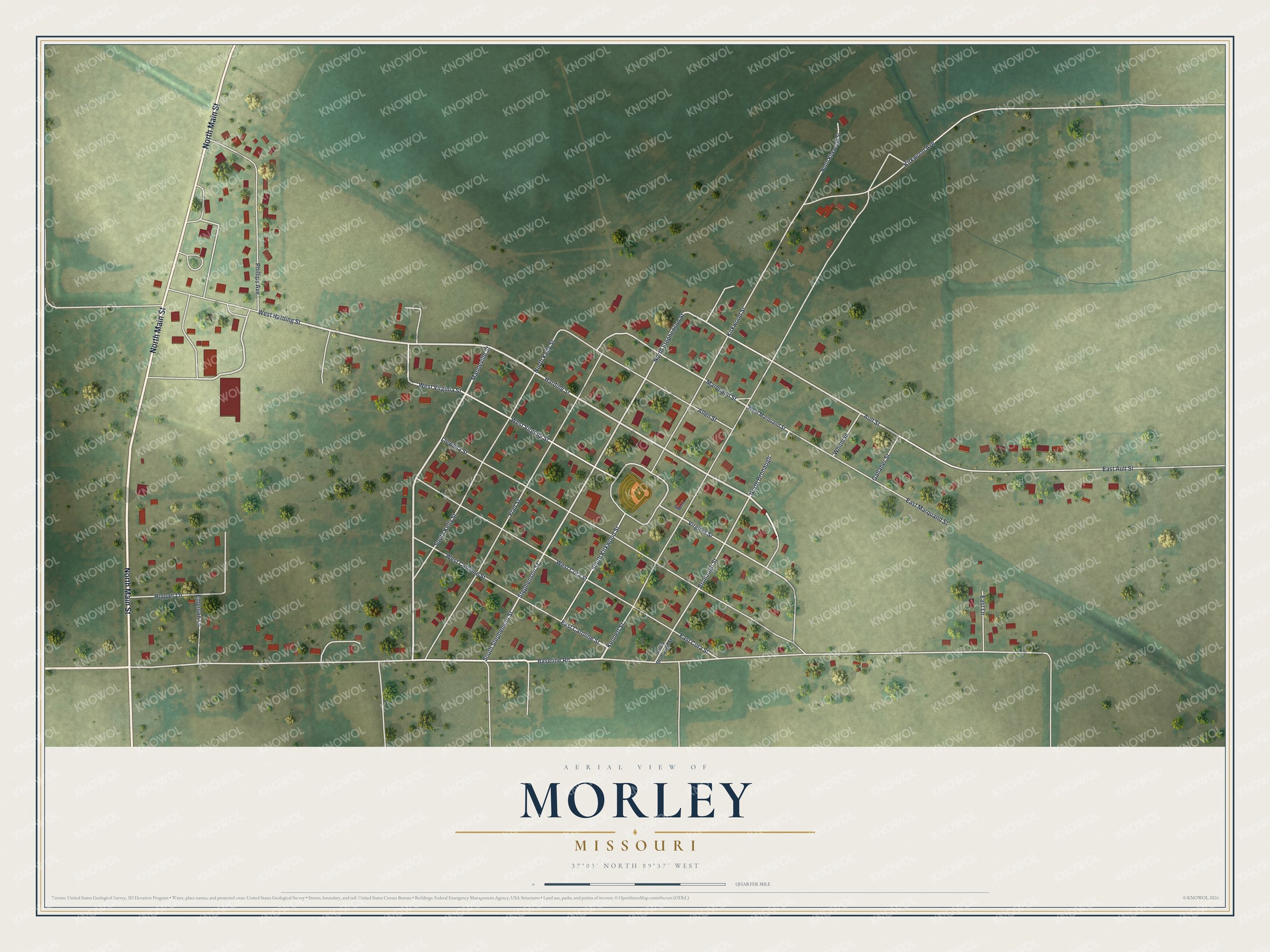 Full map of Morley, Missouri, with red buildings, printed street names and the land around them