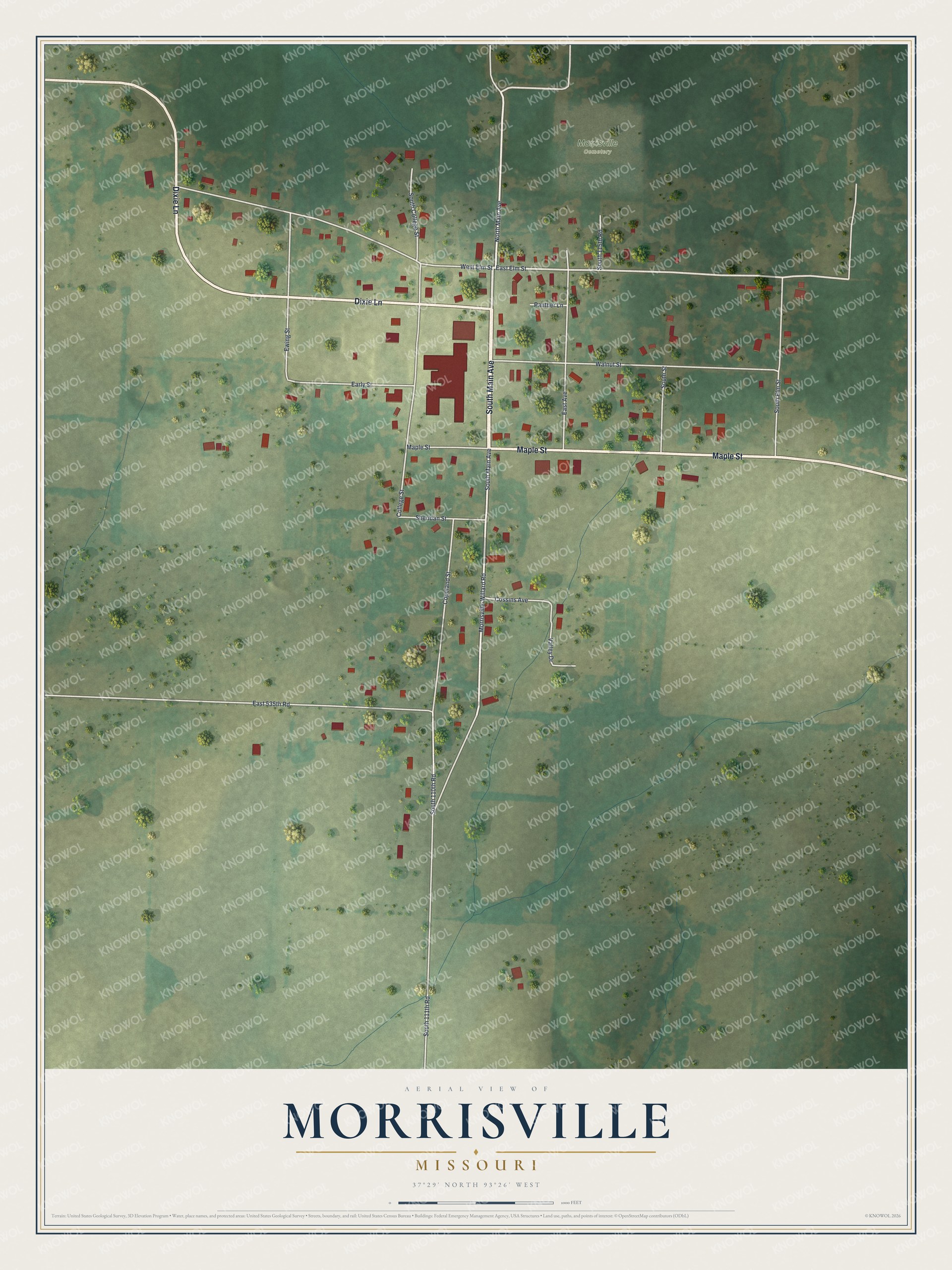 Aerial map of Morrisville, Missouri with green fields, white roads, blue creeks and red buildings along South Main Avenue