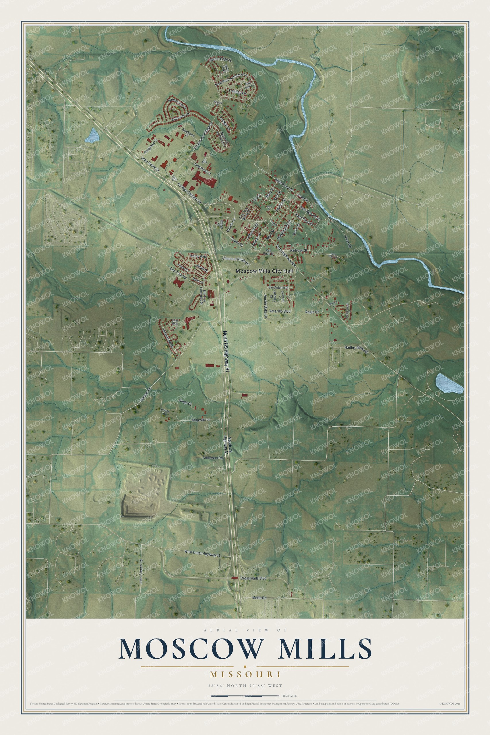 Full aerial map of Moscow Mills, Missouri, with red buildings, green fields, a winding blue river, and a cream title panel
