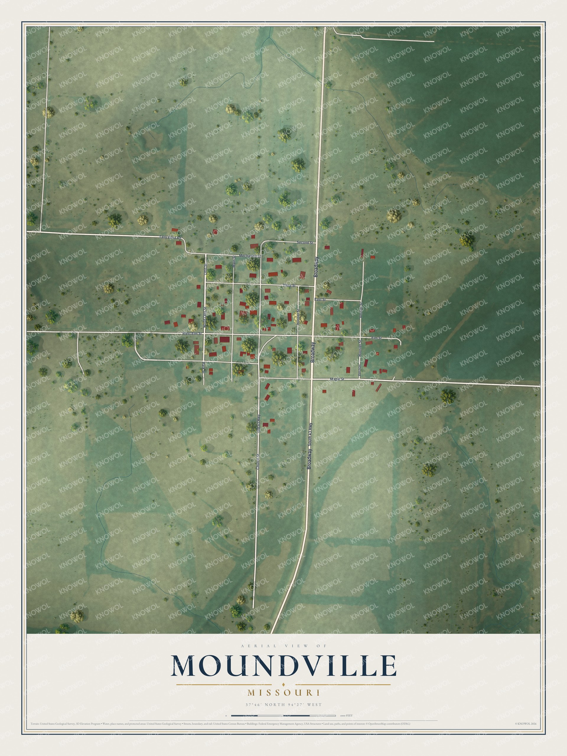 Full map of Moundville, Missouri, with red buildings, printed street names and the land around them