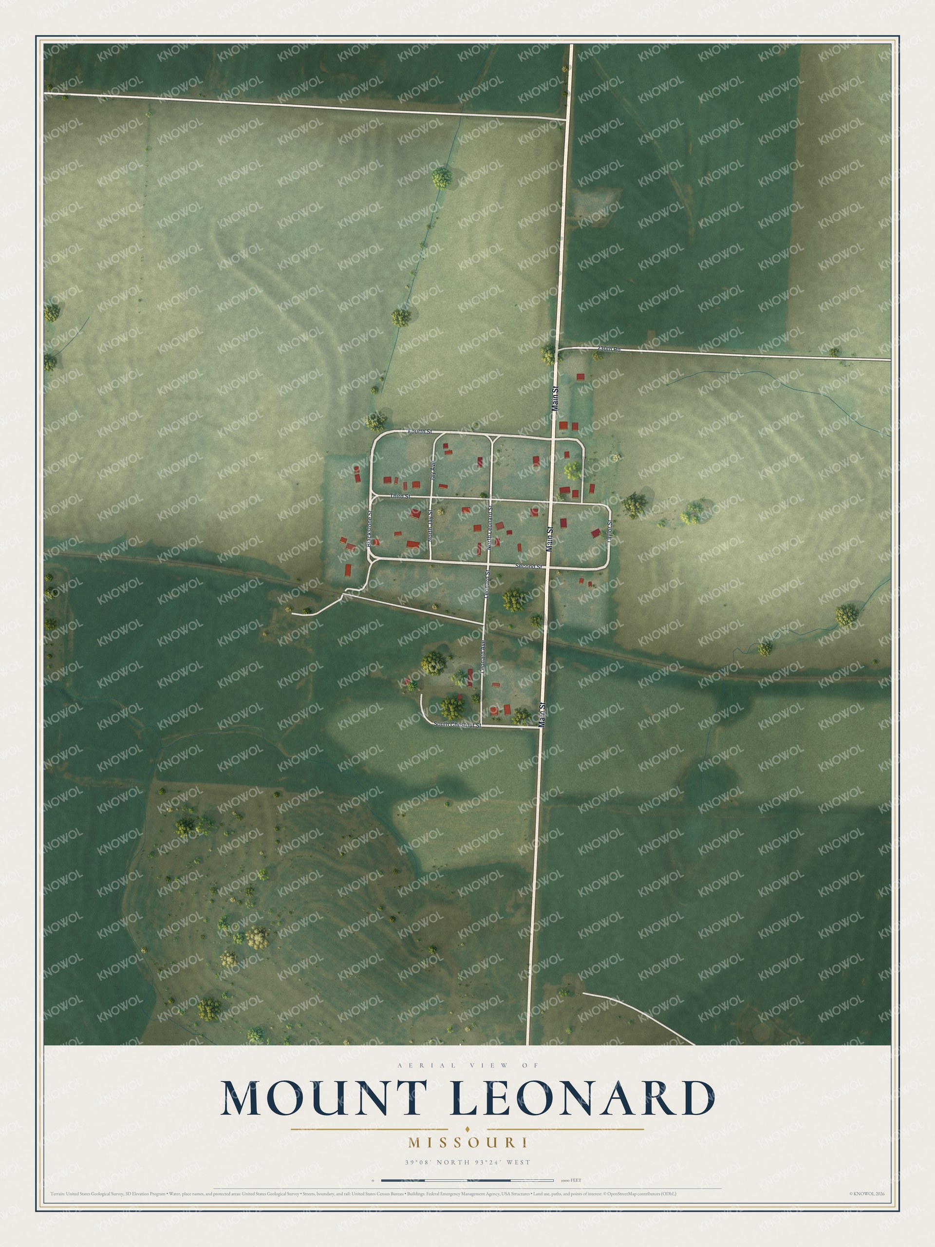 Full map of Mount Leonard, Missouri, with red buildings, printed street names and the land around them