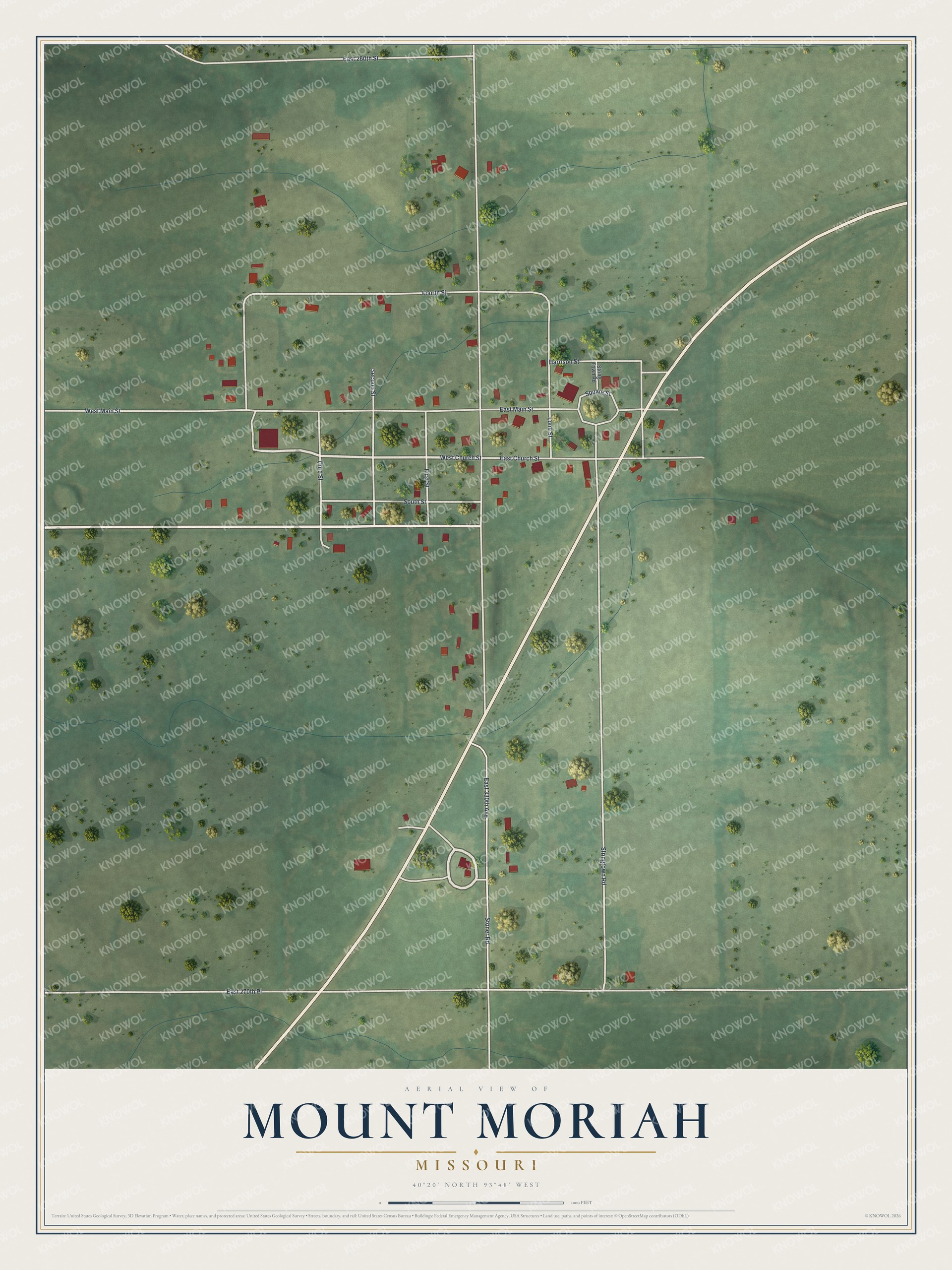 Full map of Mount Moriah, Missouri, with red buildings, printed street names and the land around them