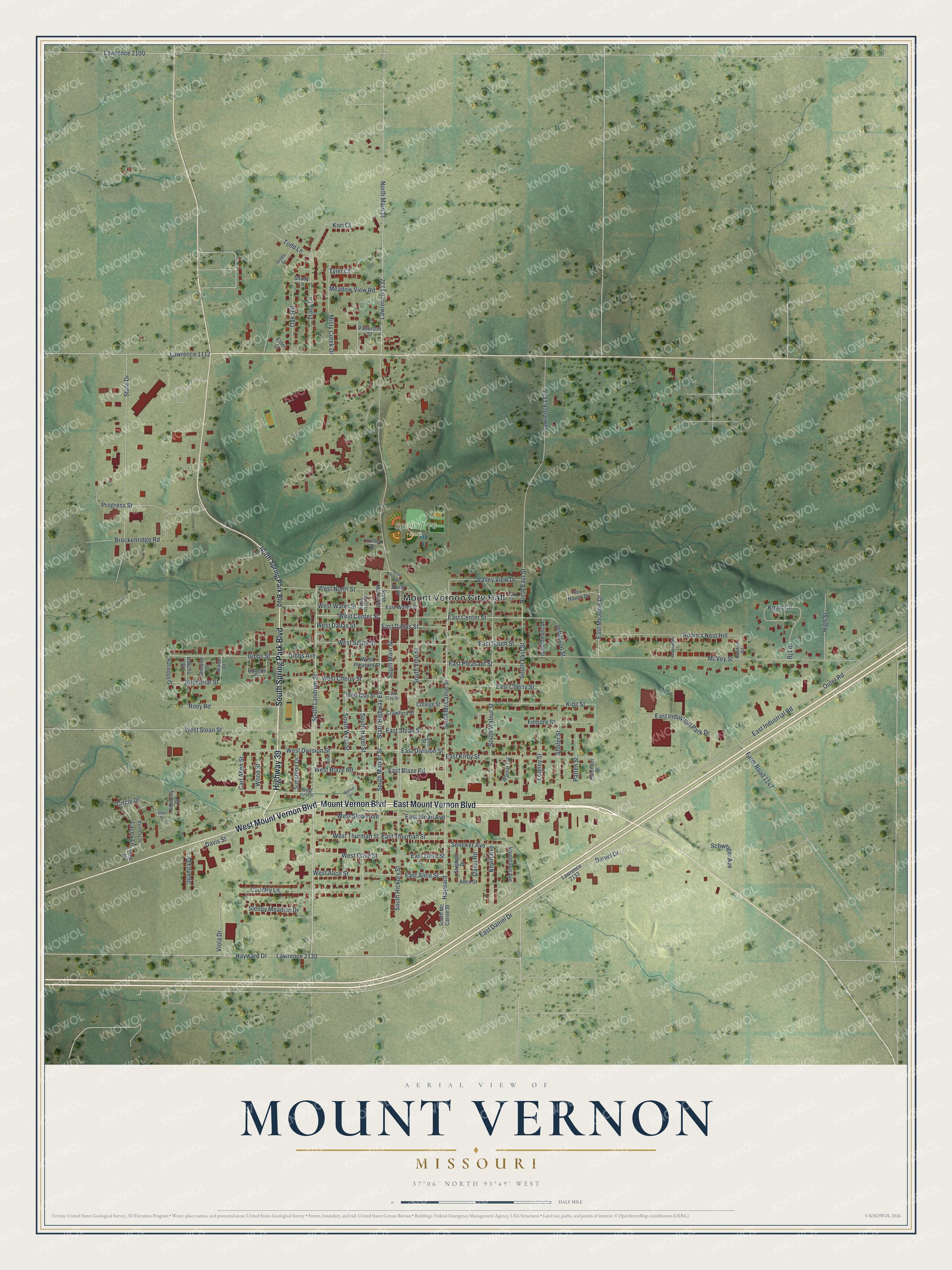 Full aerial map of Mount Vernon, Missouri, with red buildings, green fields, blue creeks, and a cream title panel