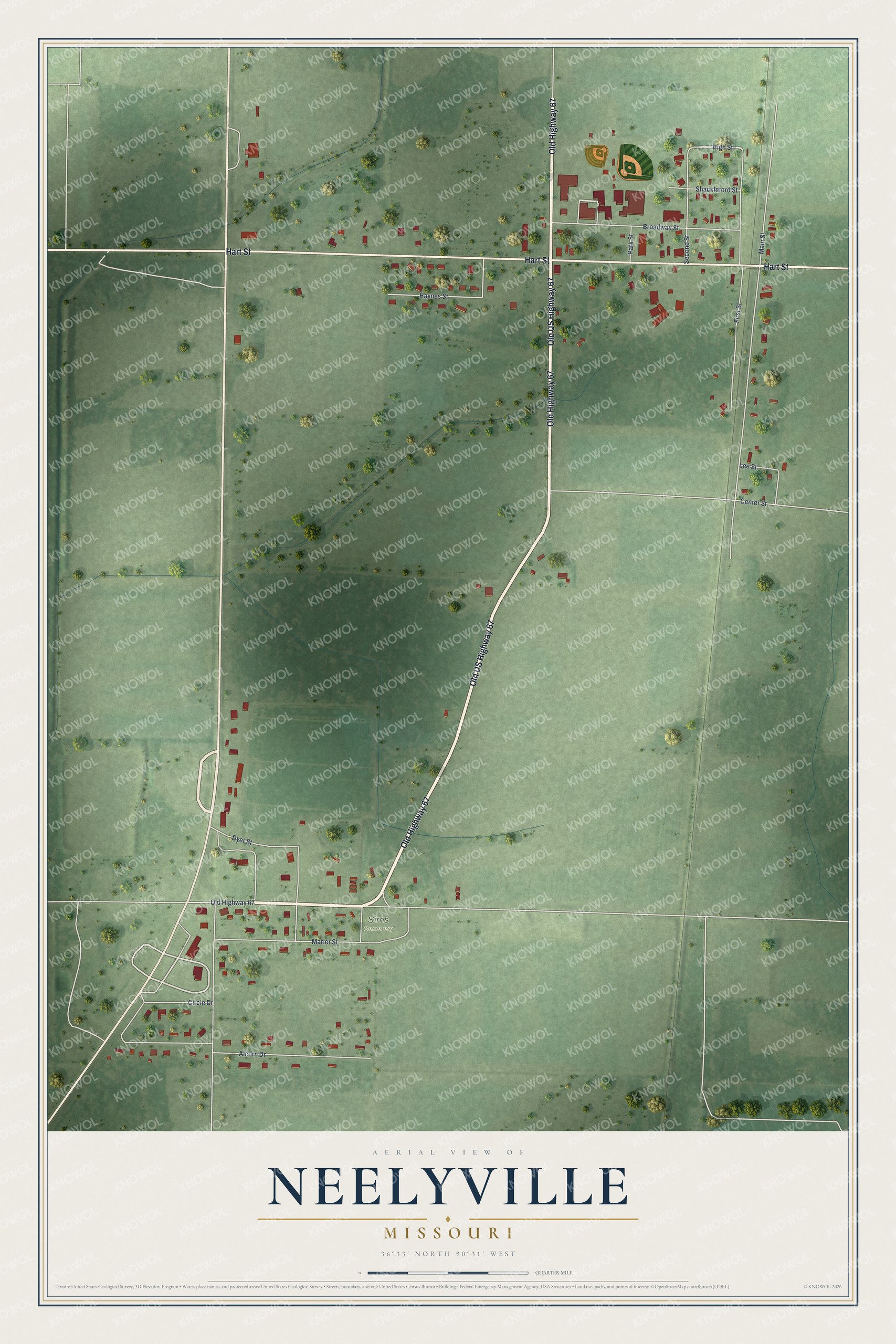 Full map of Neelyville, Missouri, with red buildings, printed street names and the land around them