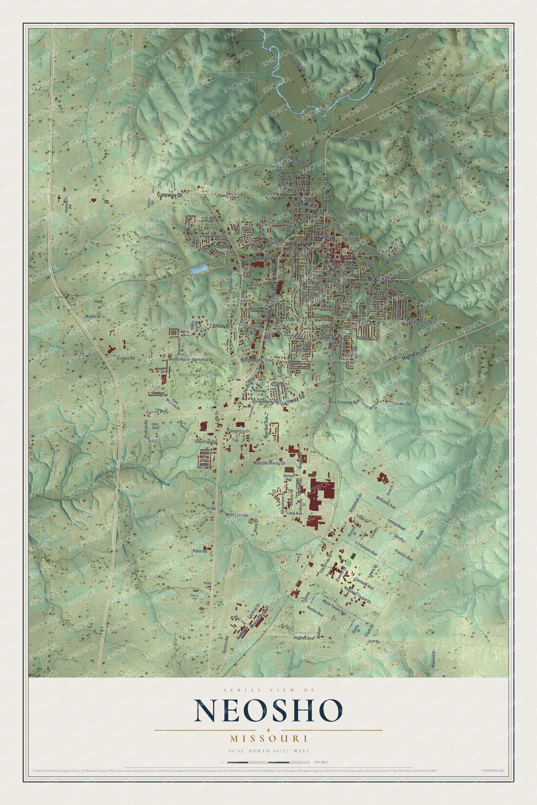 Full map of Neosho, Missouri, with red buildings, printed street names and the land around them