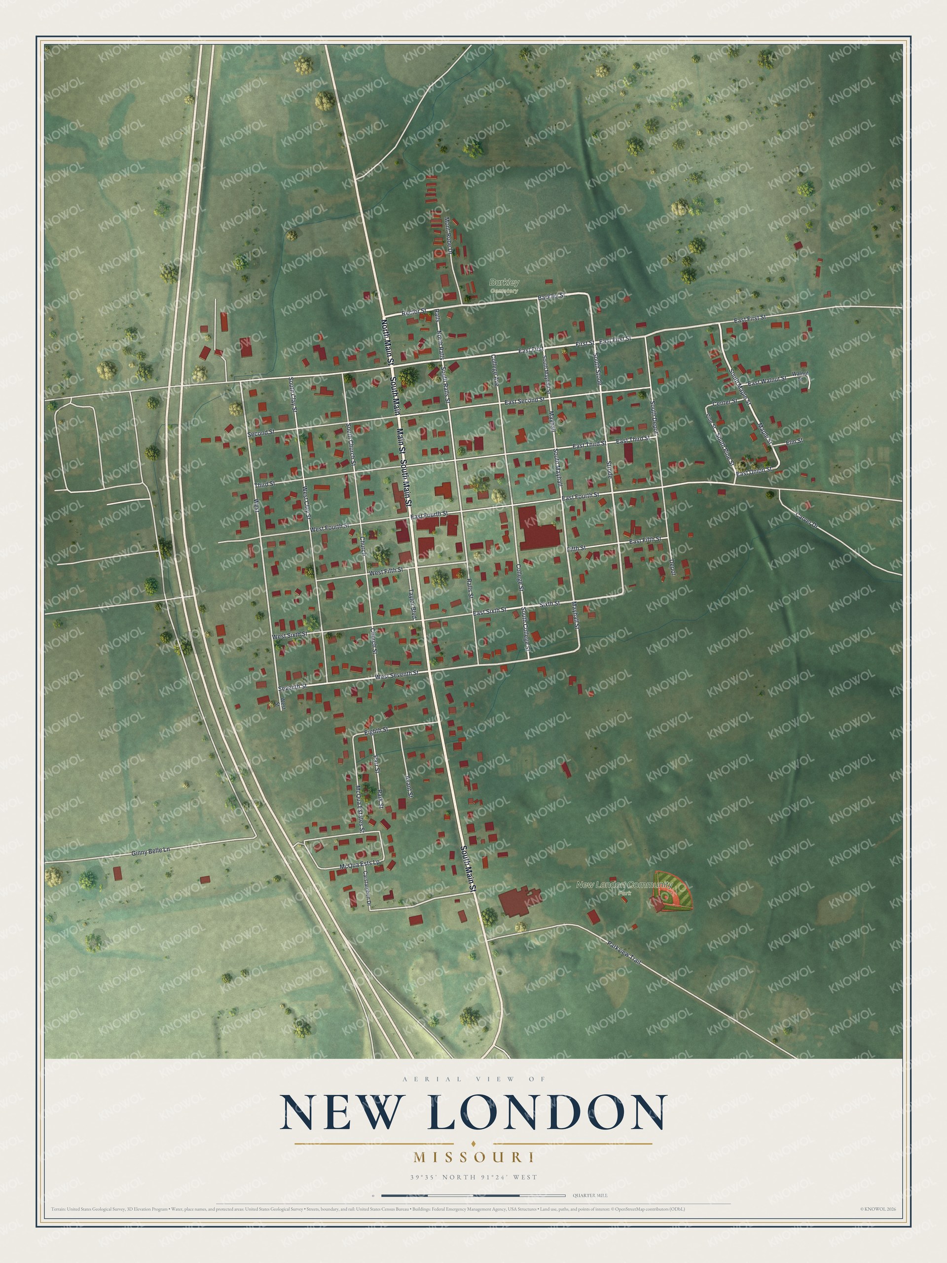 Aerial map of New London, Missouri, with red buildings, pale streets, green fields, wooded ground, and a cream title panel