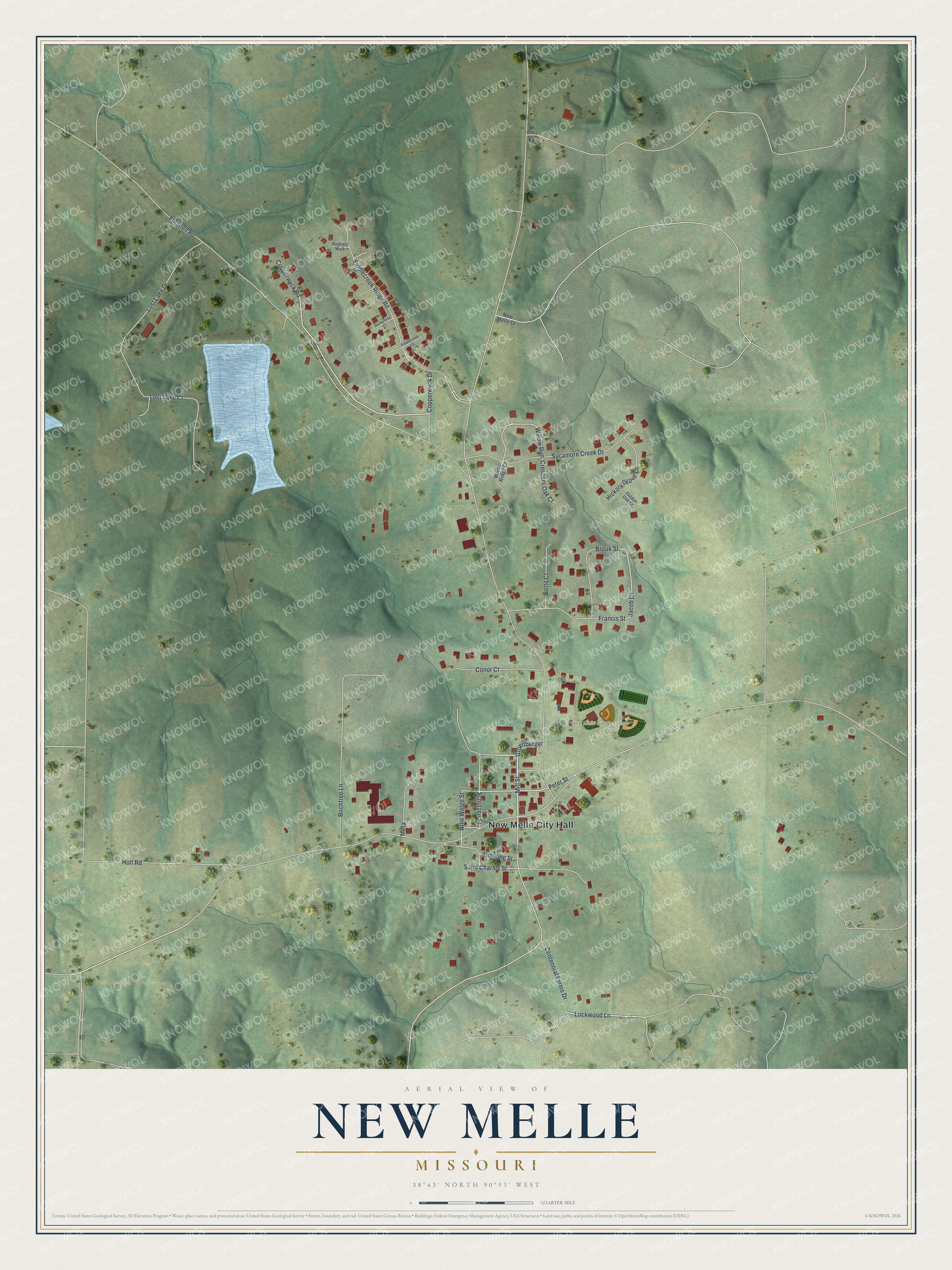 Aerial map of New Melle, Missouri with green hills, red buildings, a pale blue lake and ball fields