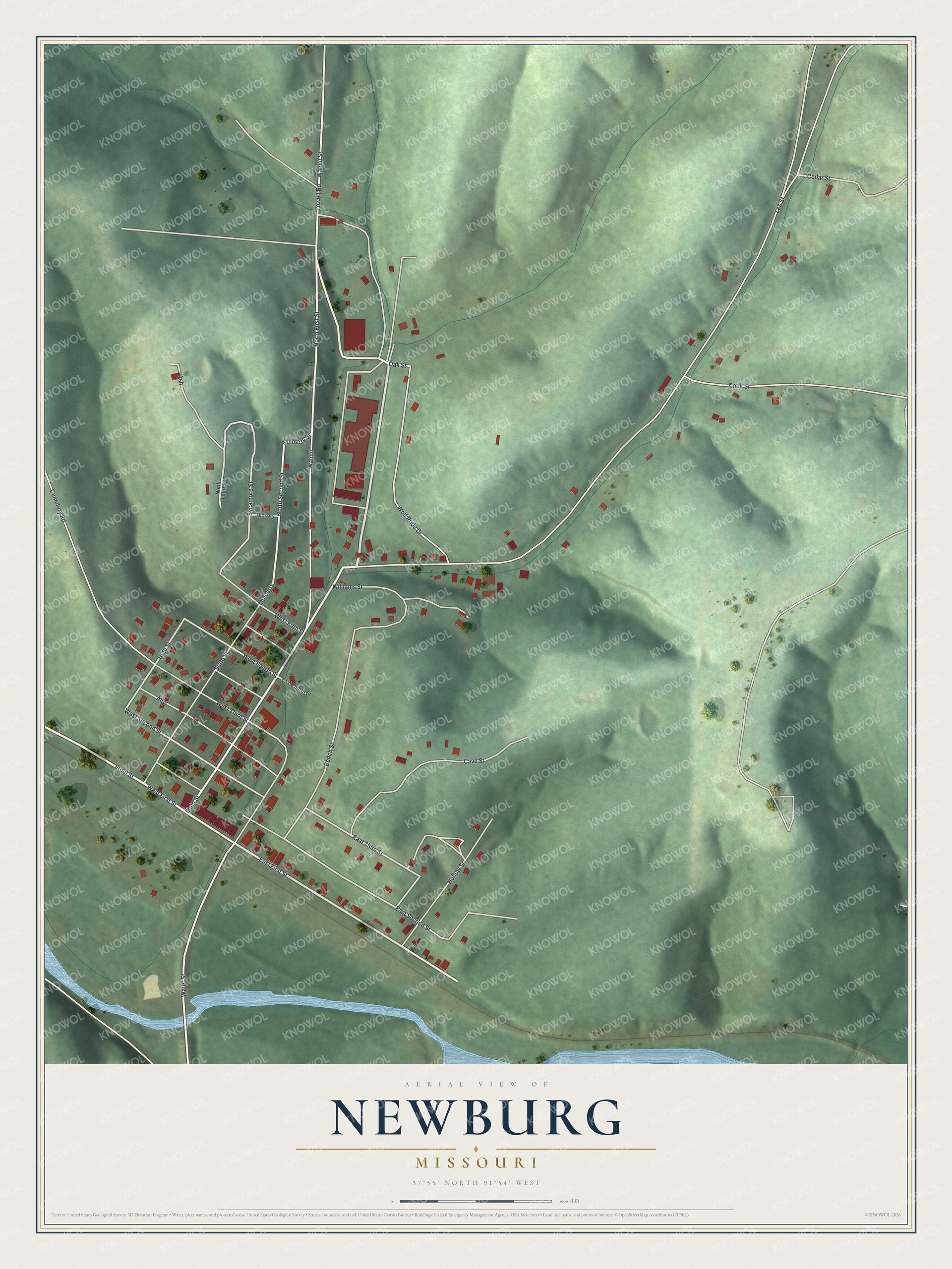 Full aerial map of Newburg, Missouri with green shaded hills, red buildings, pale streets and a blue river above a cream title panel