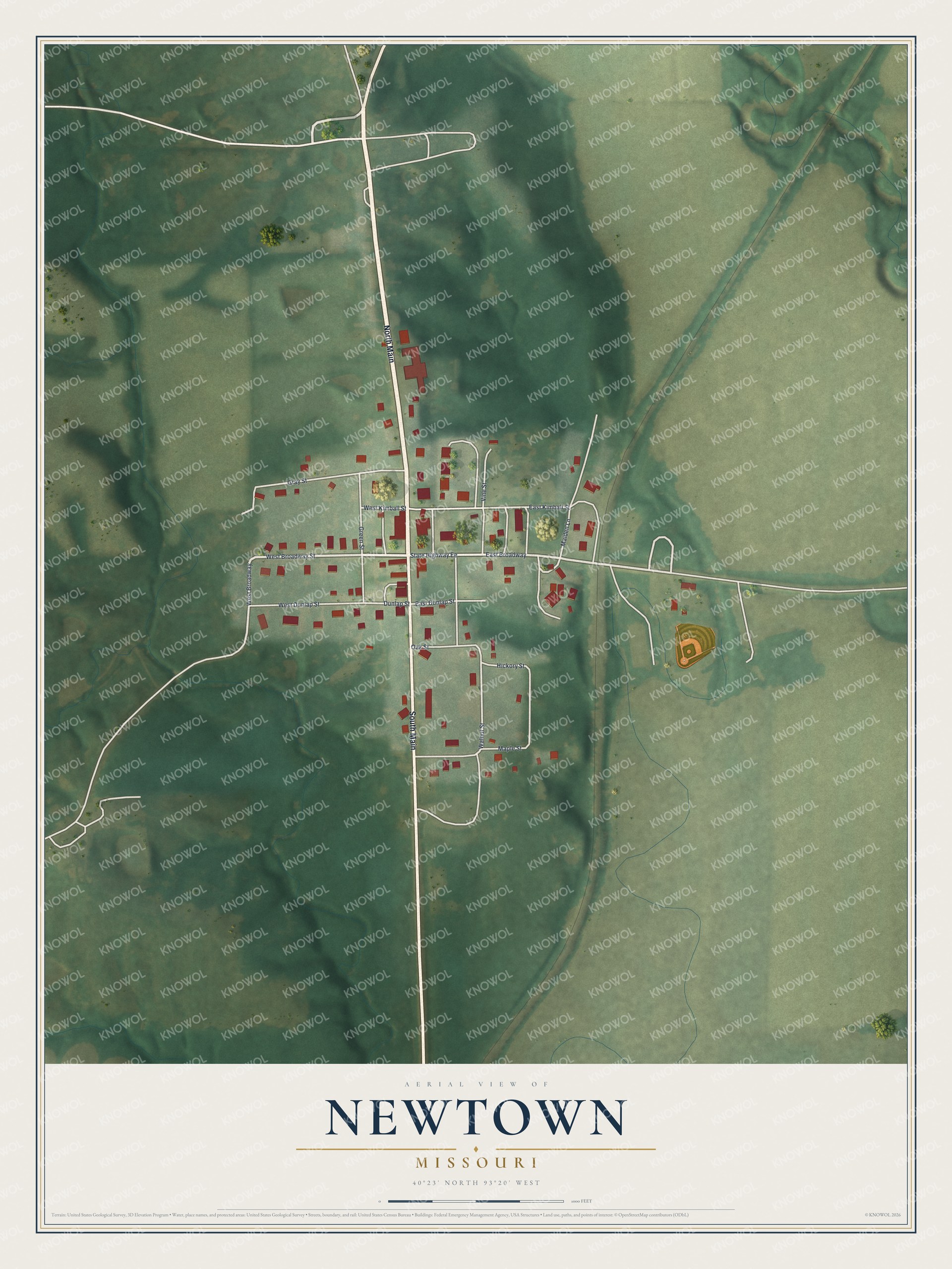 Full map of Newtown, Missouri, with red buildings, printed street names and the land around them