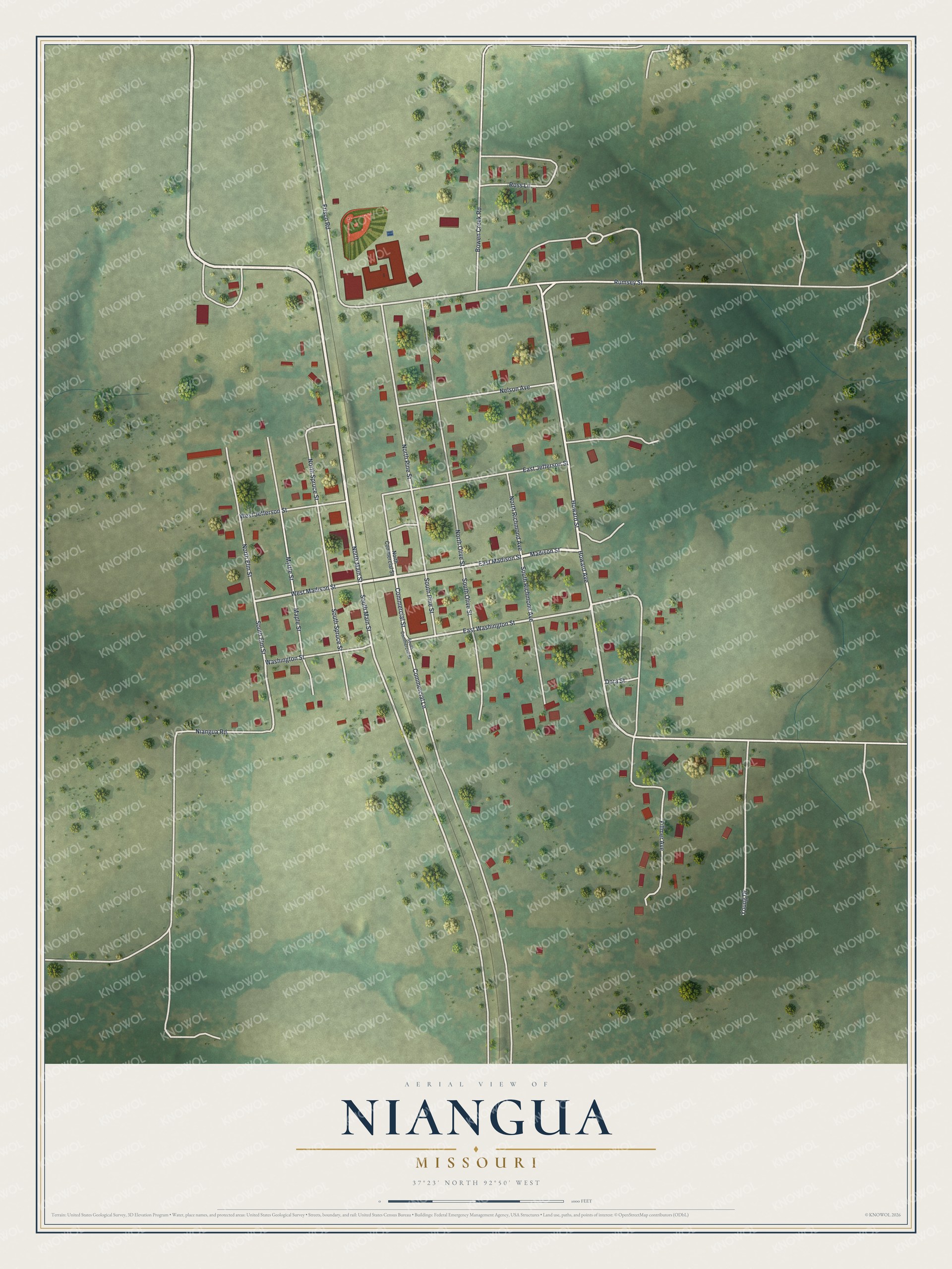 Full map of Niangua, Missouri, with red buildings, printed street names and the land around them