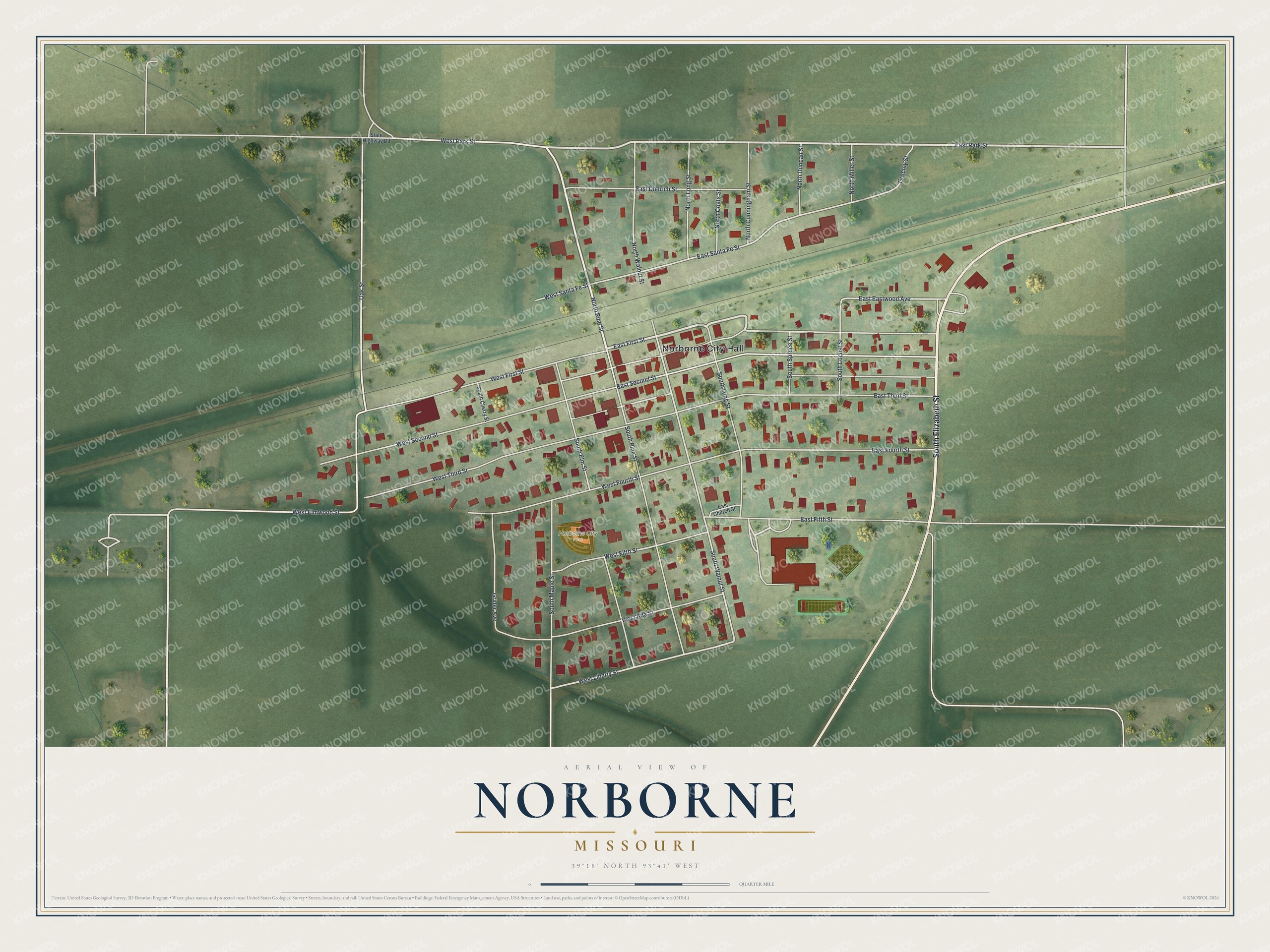 Full aerial map of Norborne, Missouri, with red buildings, pale streets, green fields, rail lines, and a cream title panel