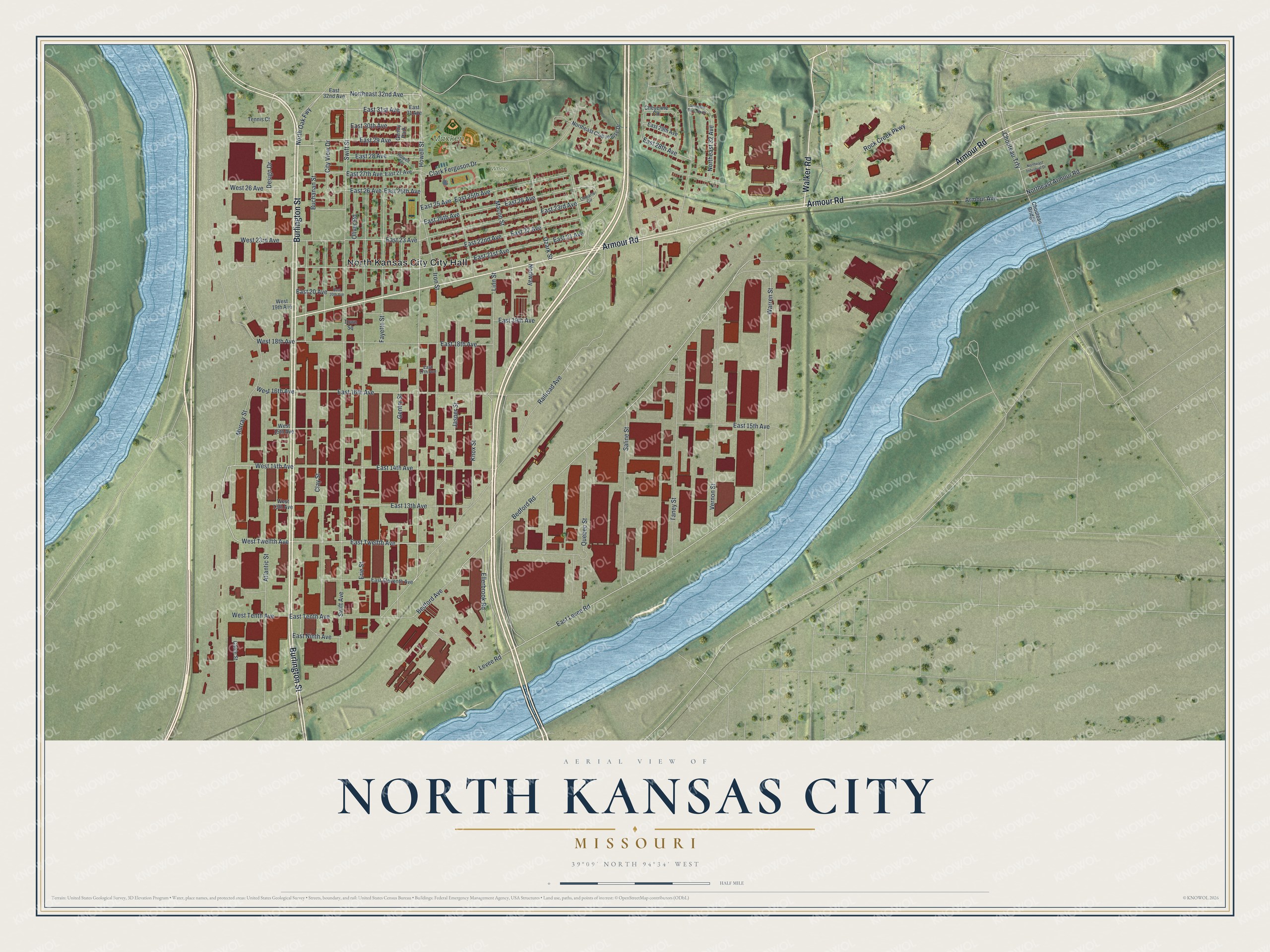 Aerial map of North Kansas City, Missouri, with red buildings on a street grid and a blue river curving past green hills