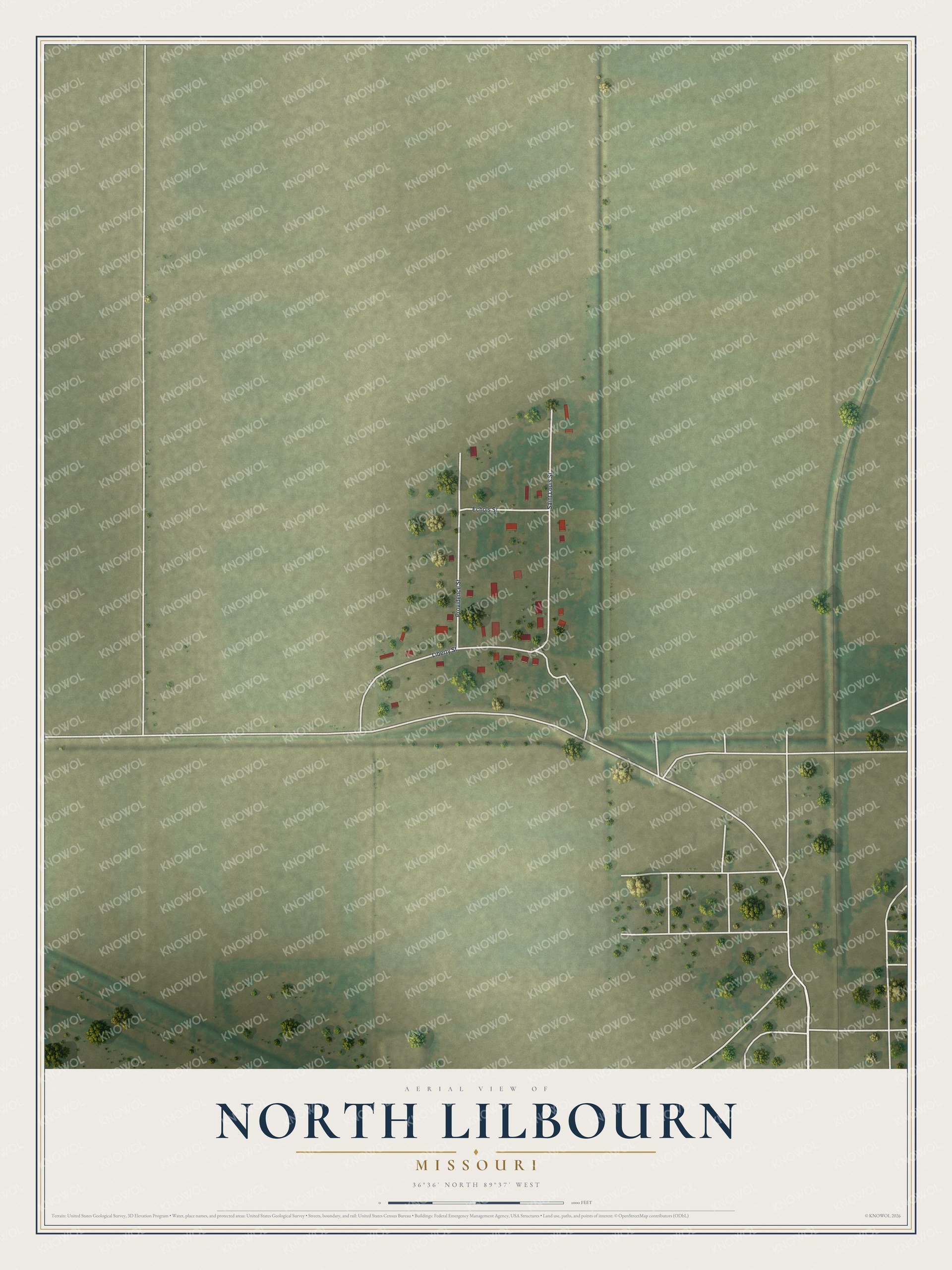 Full map of North Lilbourn, Missouri, with red buildings, printed street names and the land around them