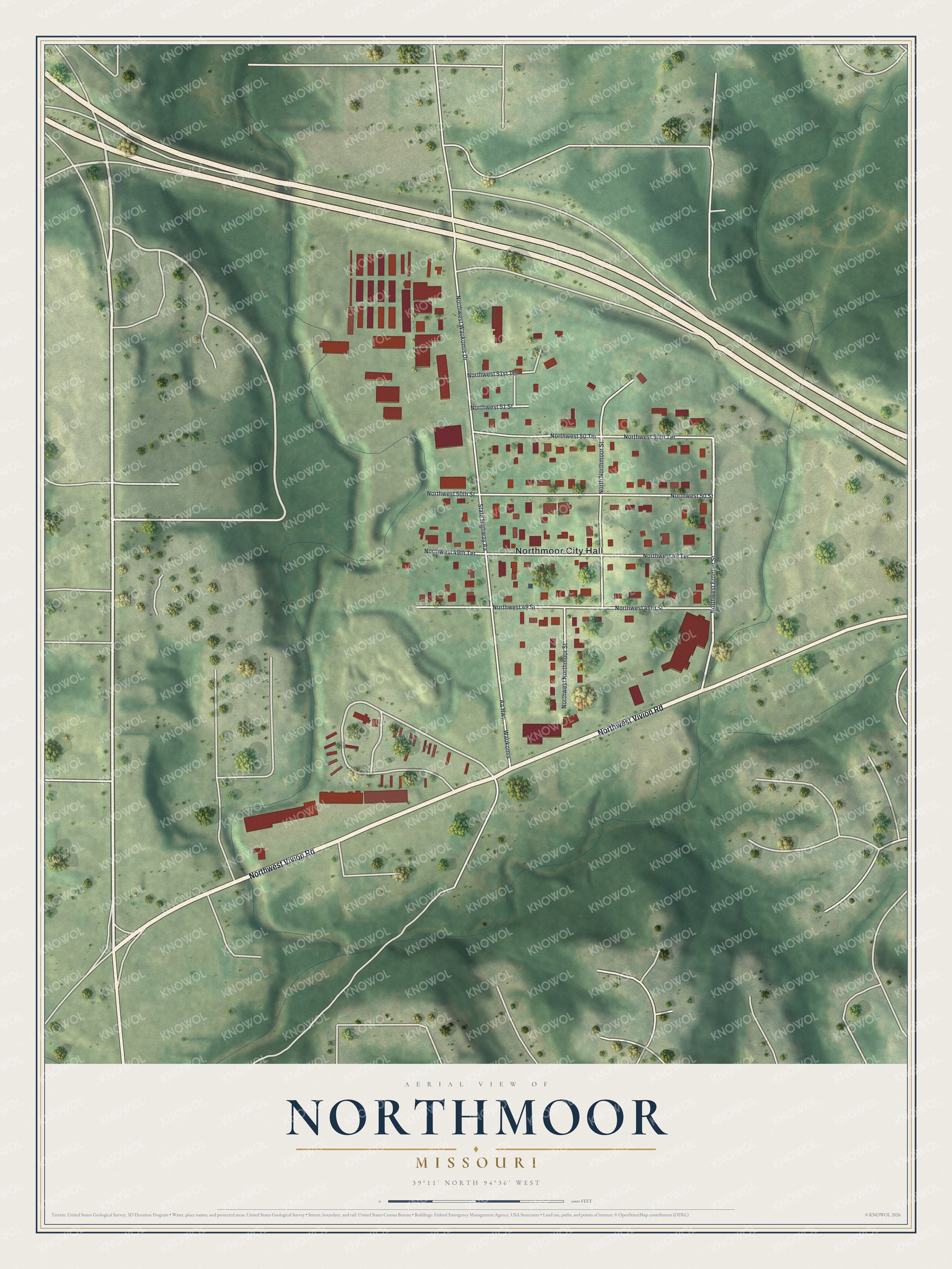 Full map of Northmoor, Missouri, with red buildings, printed street names and the land around them