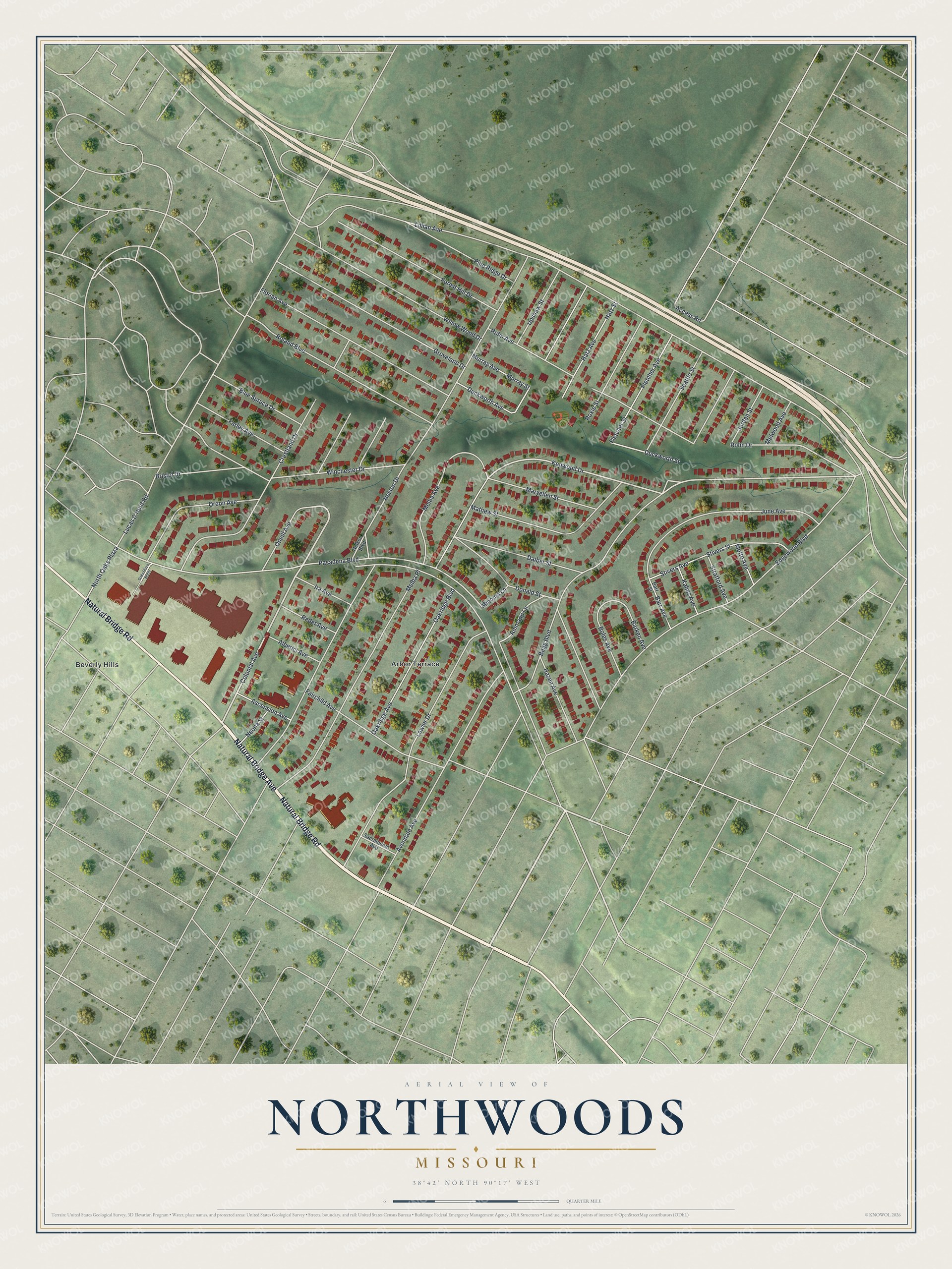 Full map of Northwoods, Missouri, with red buildings, printed street names and the land around them