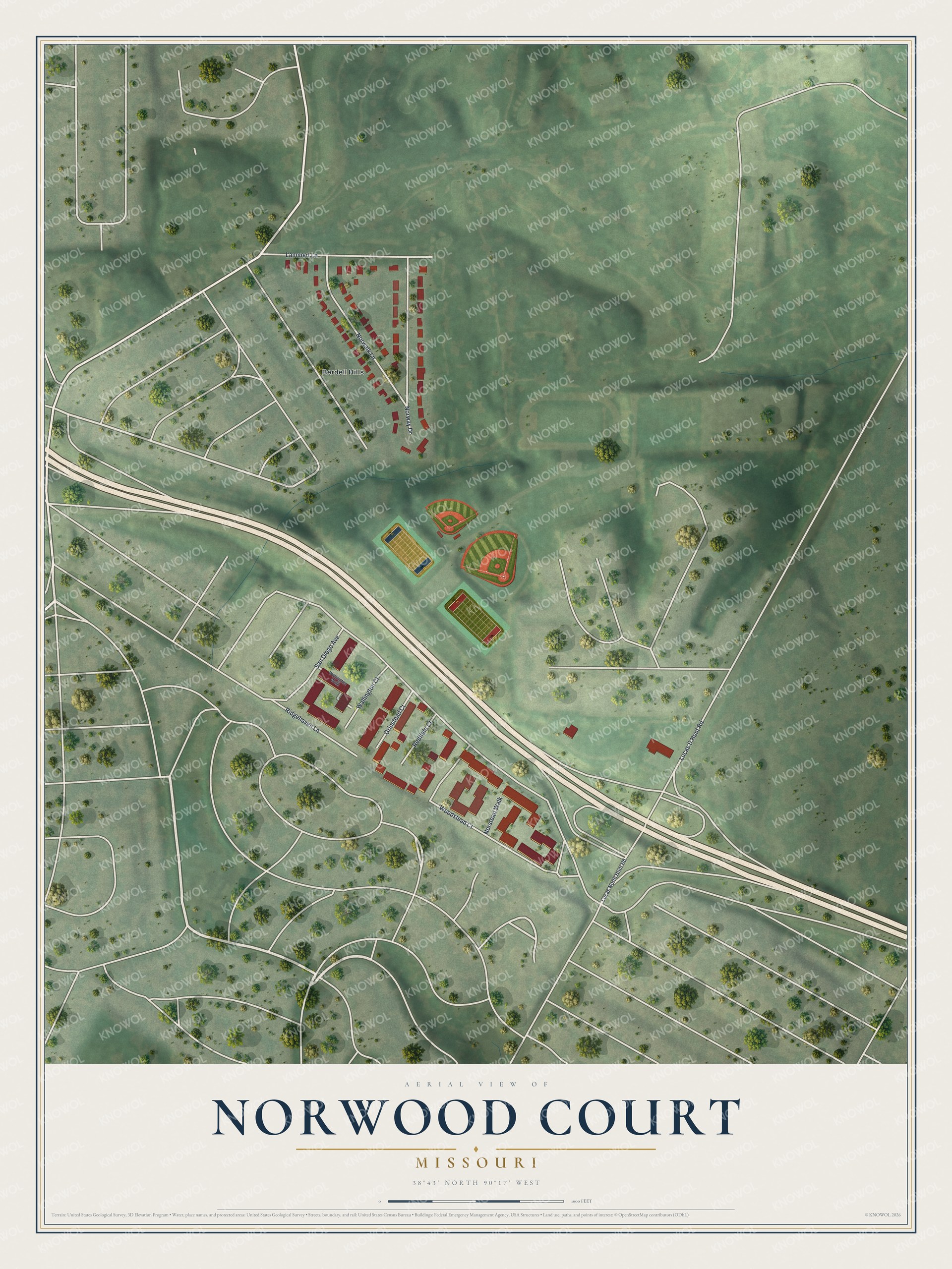 Full map of Norwood Court, Missouri, with red buildings, printed street names and the land around them