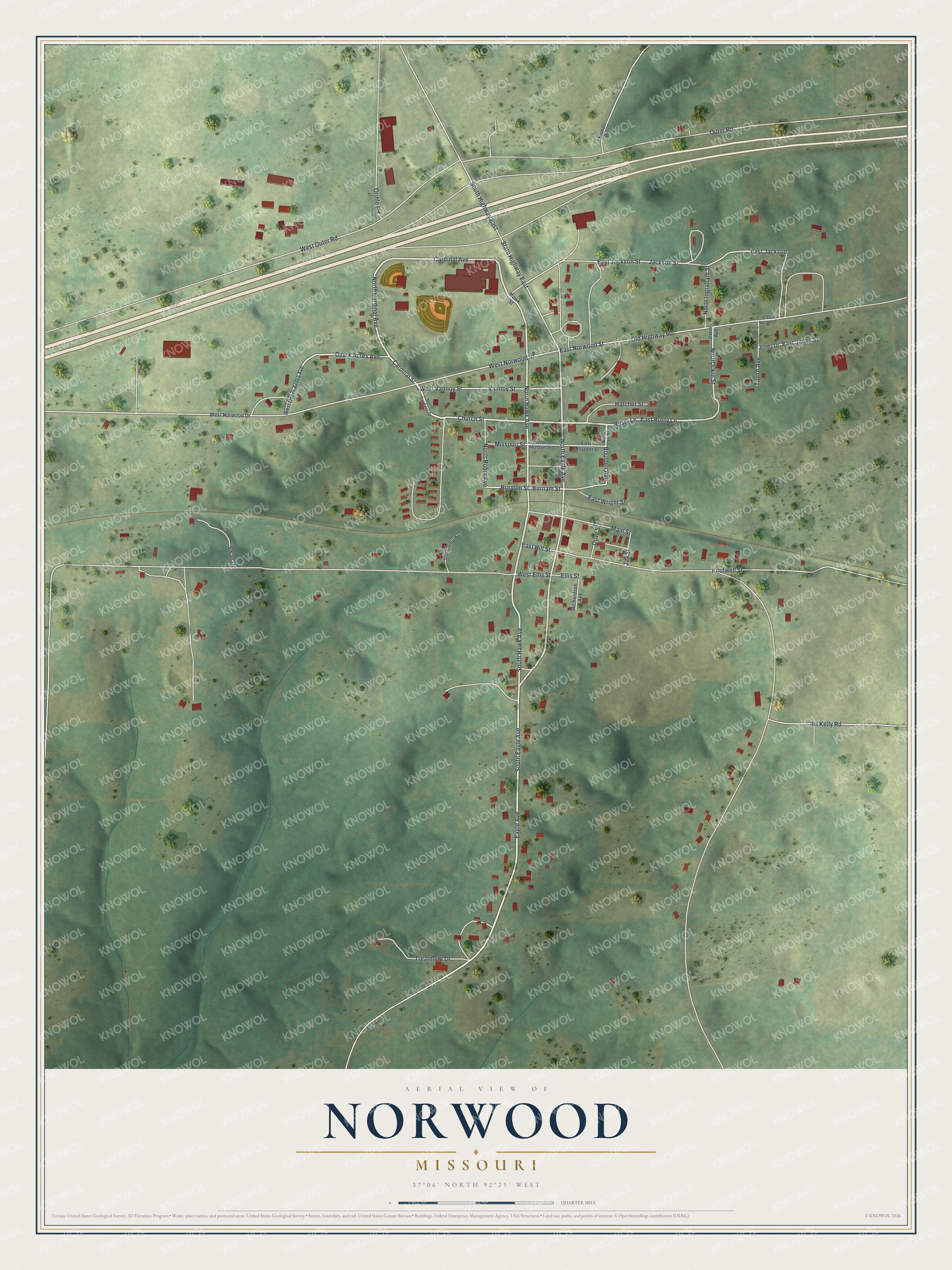 Full map of Norwood, Missouri, with red buildings, printed street names and the land around them
