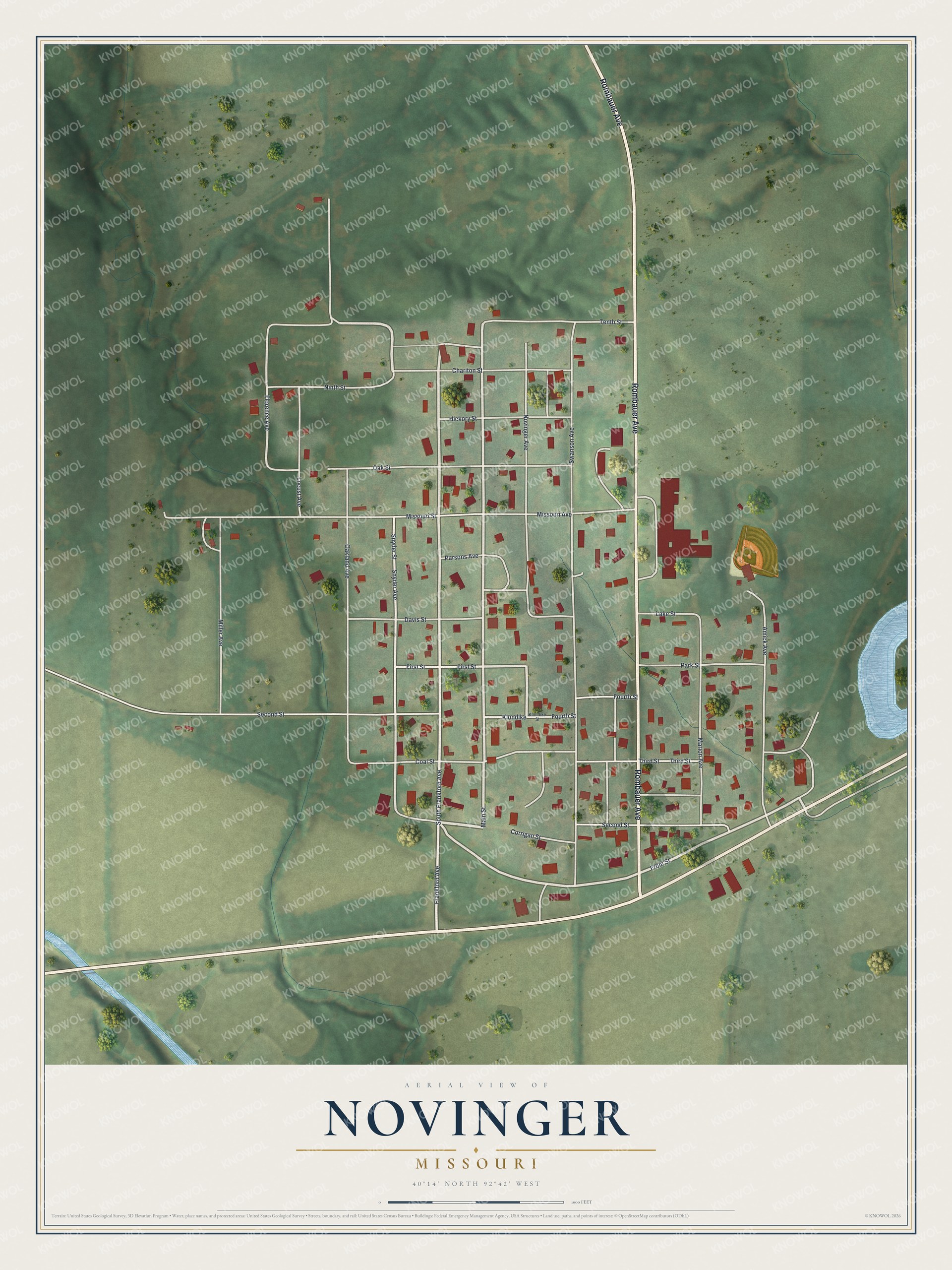 Full map of Novinger, Missouri, with red buildings, printed street names and the land around them