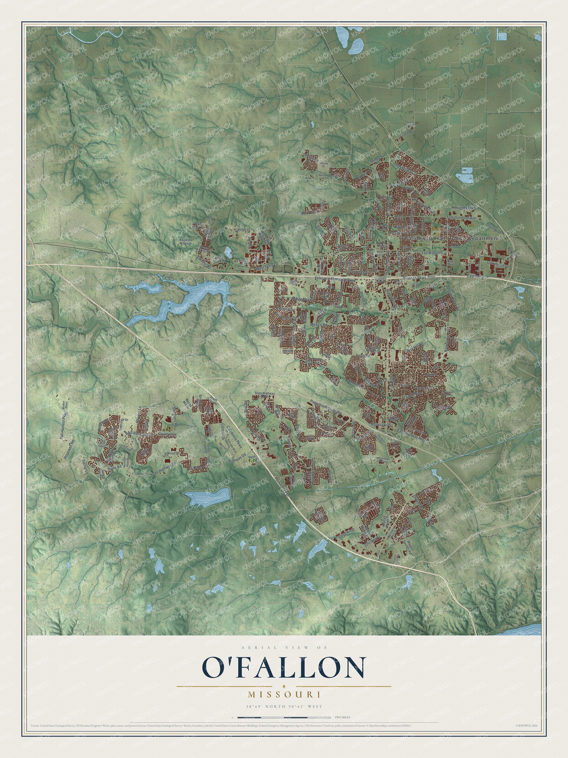 Aerial view map of O'Fallon, Missouri, with green shaded hills, blue lakes and red buildings filling the middle of the sheet