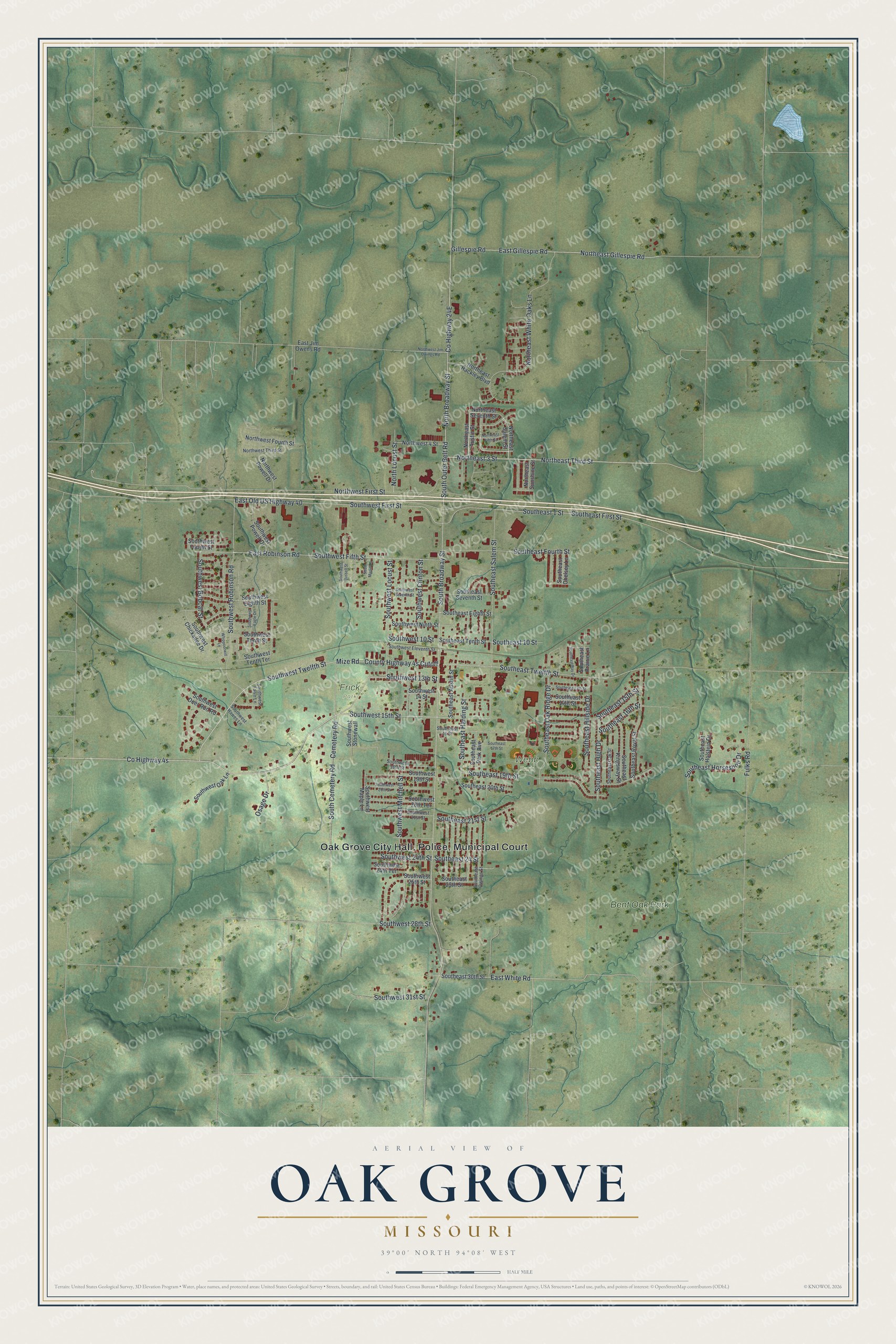 Full map of Oak Grove, Missouri, with red buildings, printed street names and the land around them