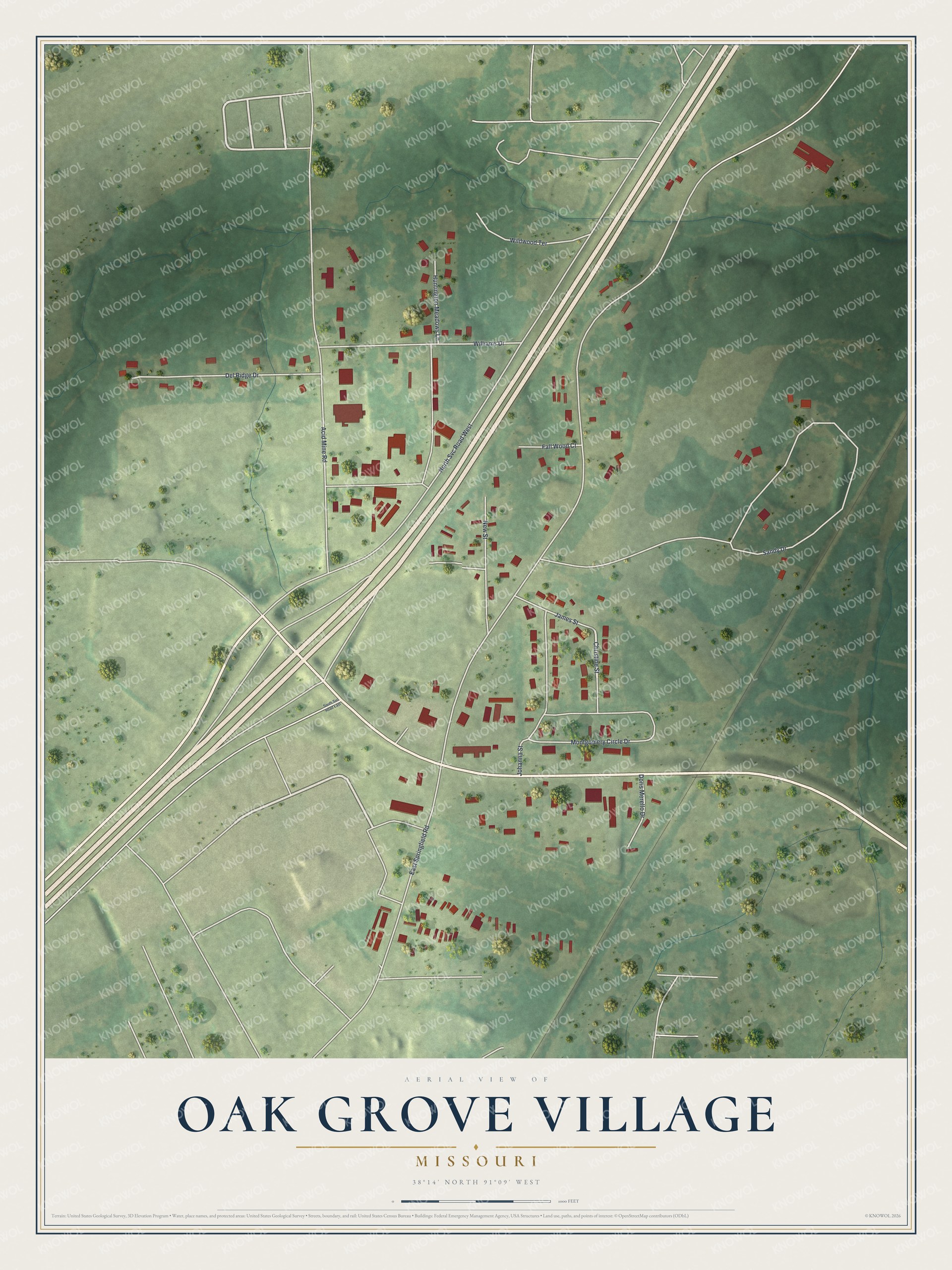 Watermarked full-map preview of Oak Grove Village, Missouri