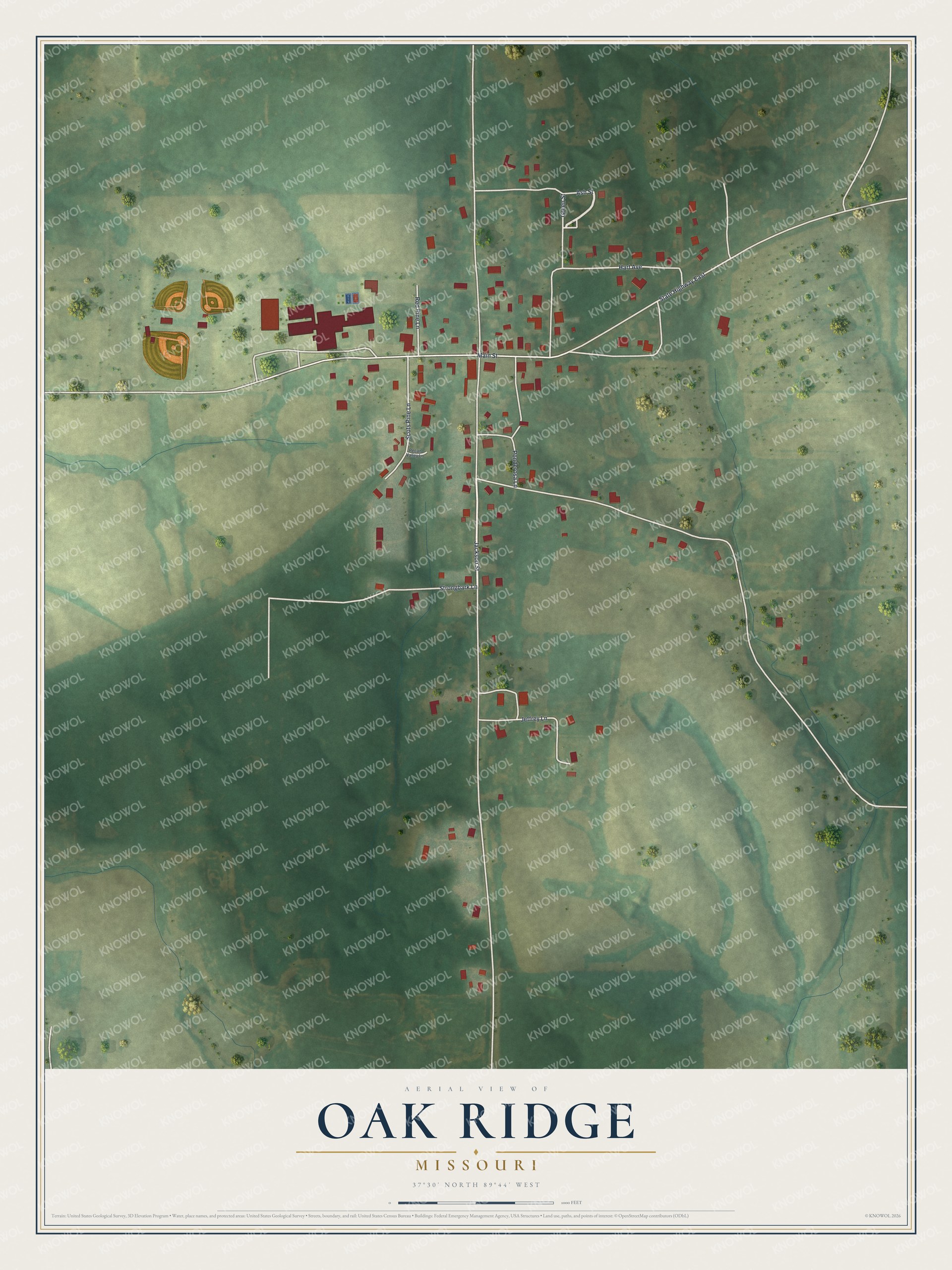 Full map of Oak Ridge, Missouri, with red buildings, printed street names and the land around them