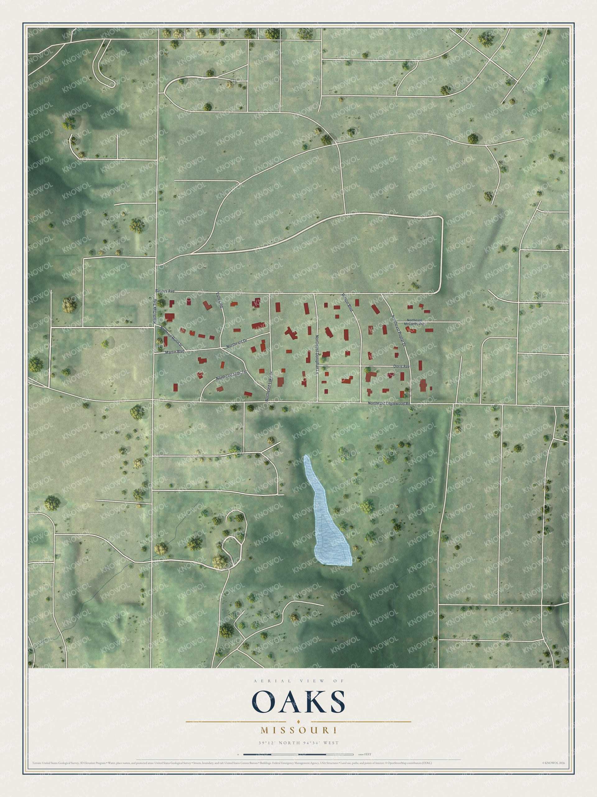 Full map of Oaks, Missouri, with red buildings, printed street names and the land around them
