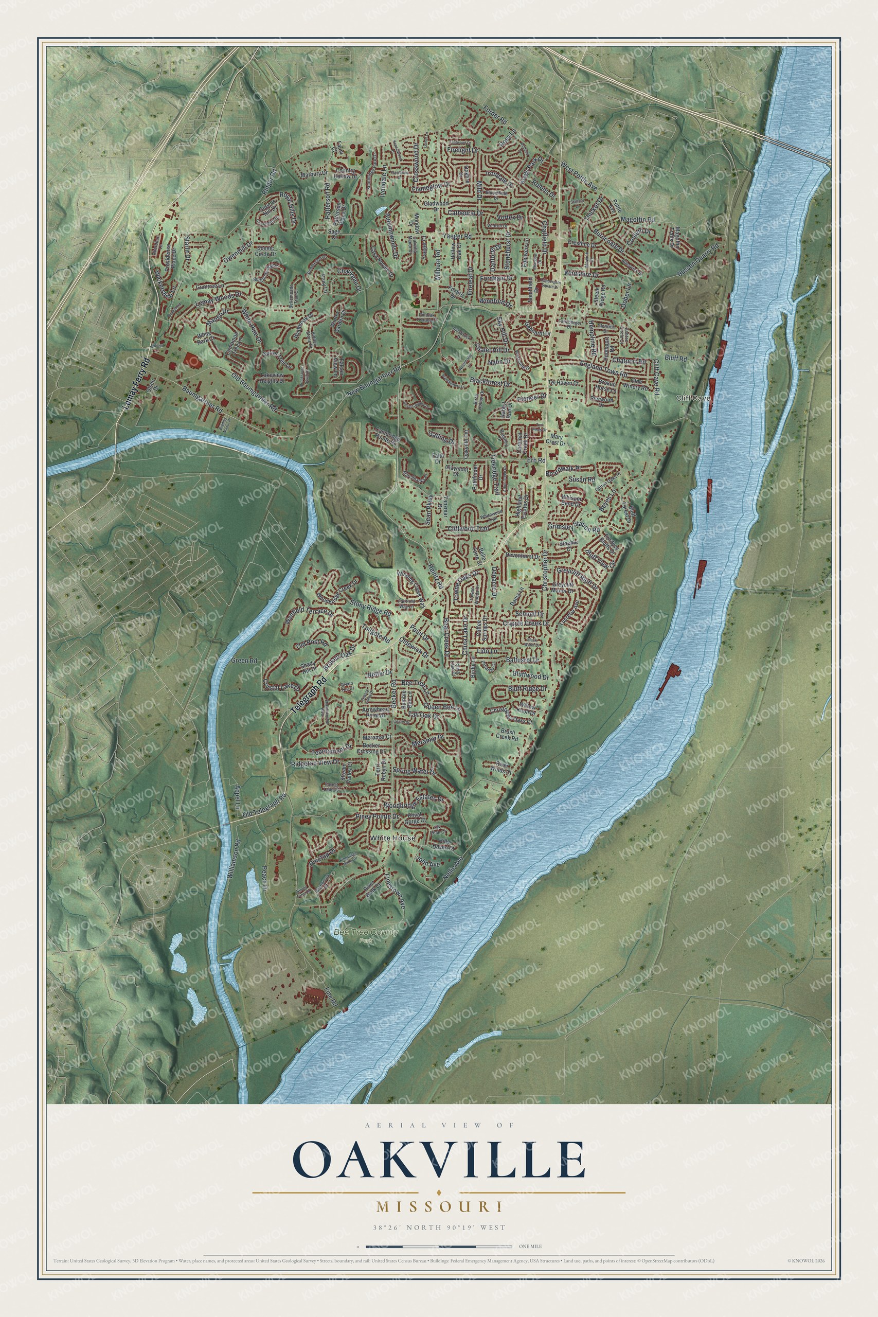 Full map of Oakville, Missouri, with red buildings, printed street names and the land around them