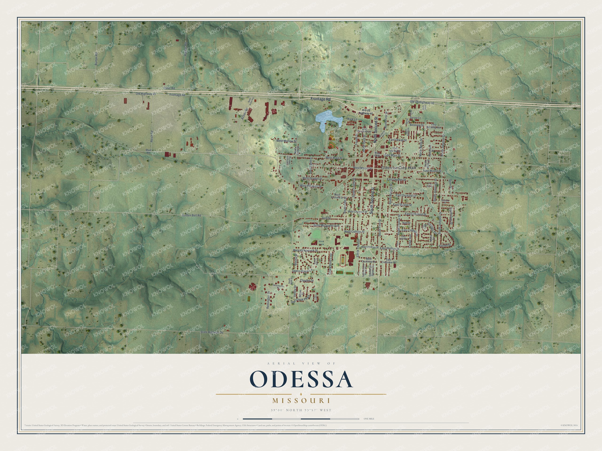 Aerial view map of Odessa, Missouri, with red buildings in the middle of green rolling hills and Old US Highway 40 along the top