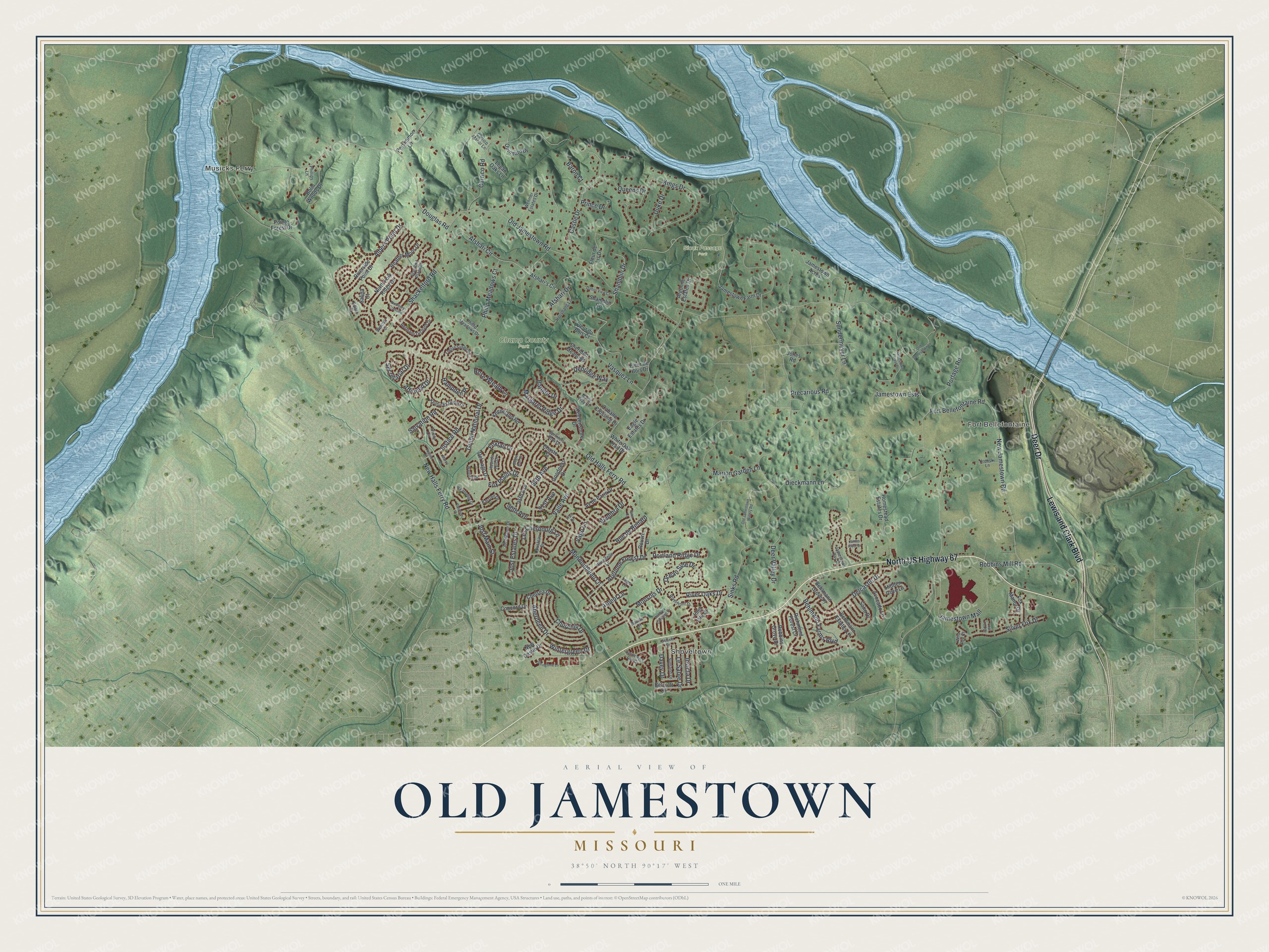Full map of Old Jamestown, Missouri, with red buildings, printed street names and the land around them