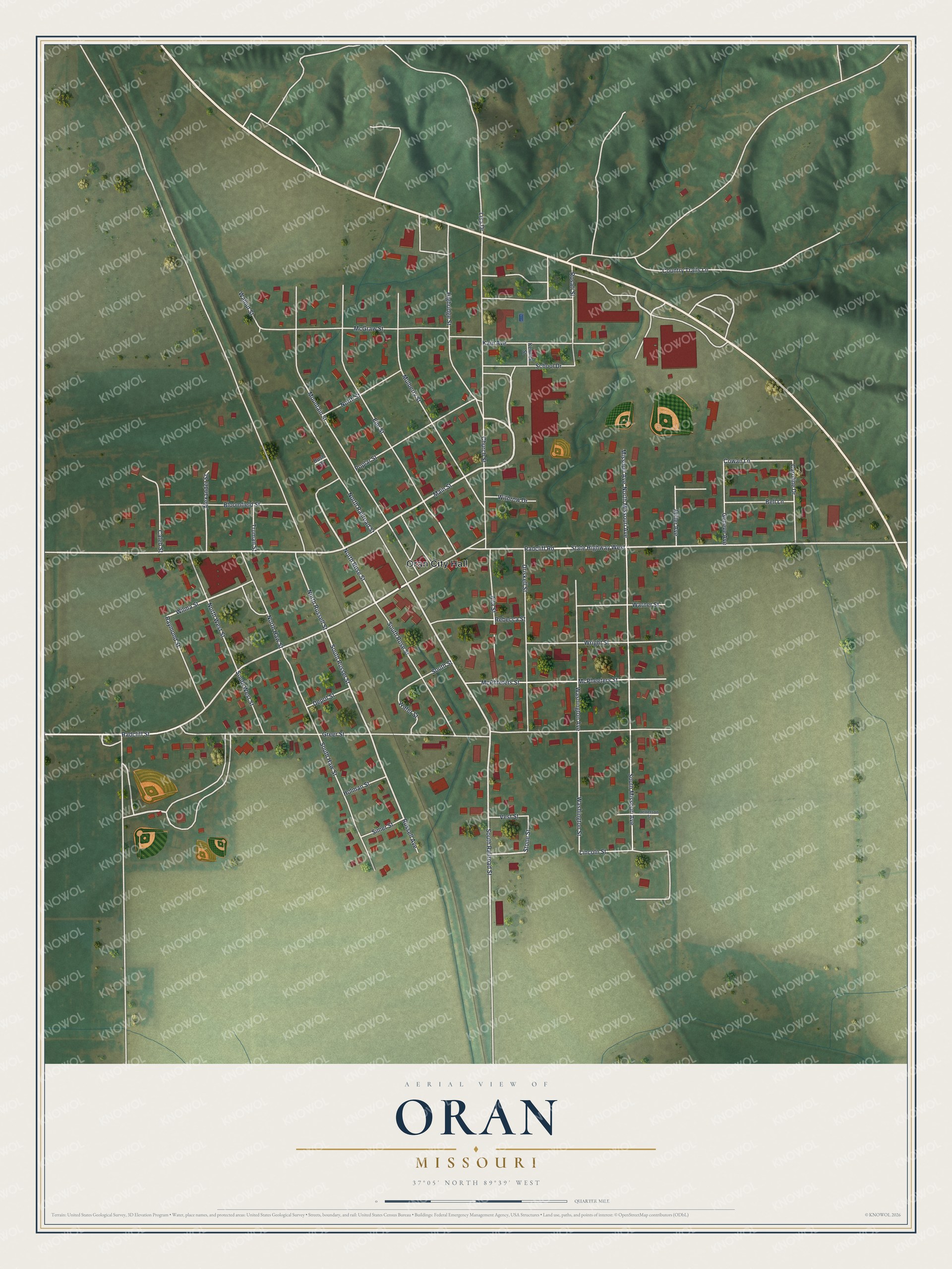 Full map of Oran, Missouri, with red buildings, printed street names and the land around them