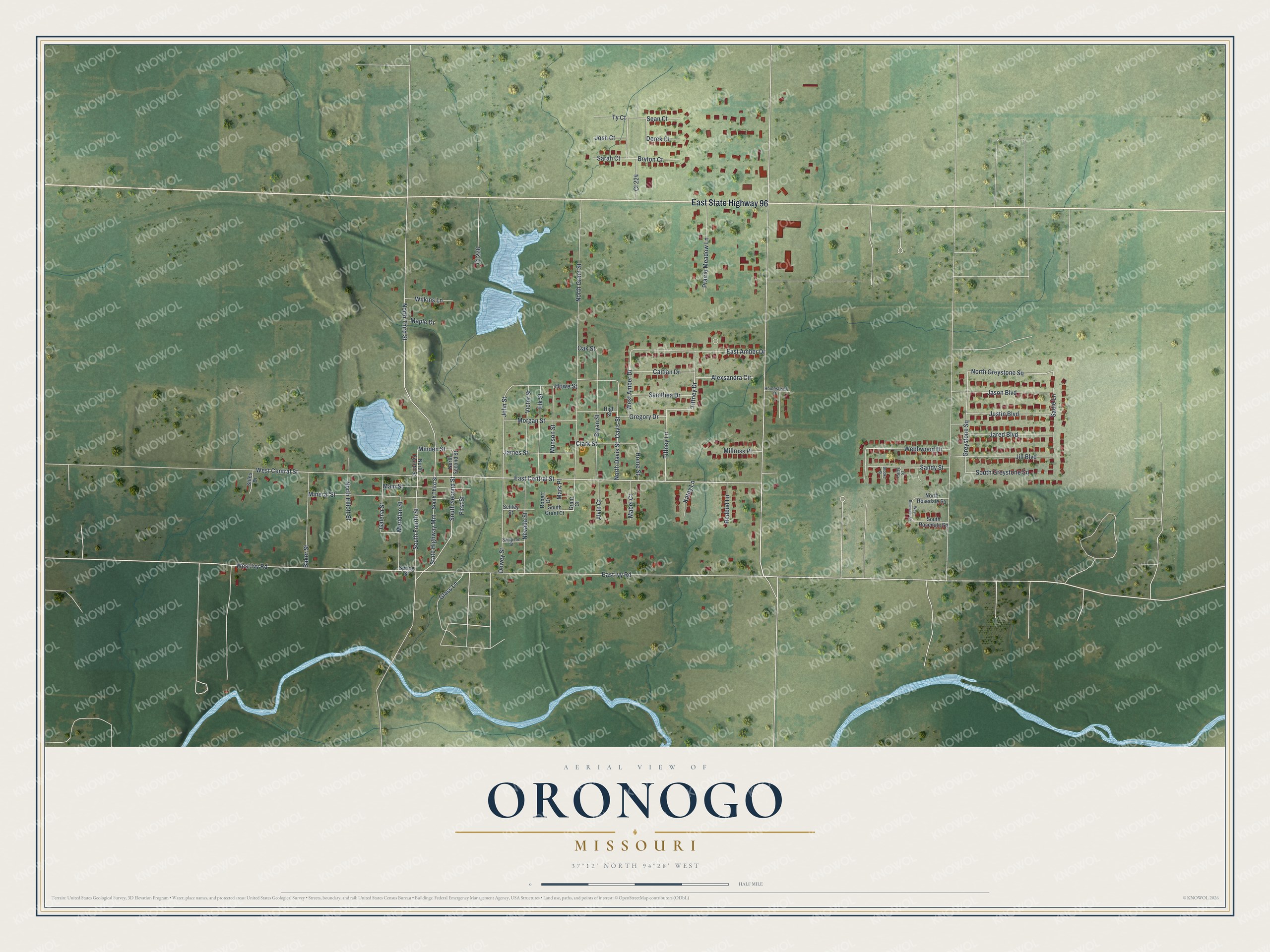 Full map of Oronogo, Missouri, with red buildings, printed street names and the land around them