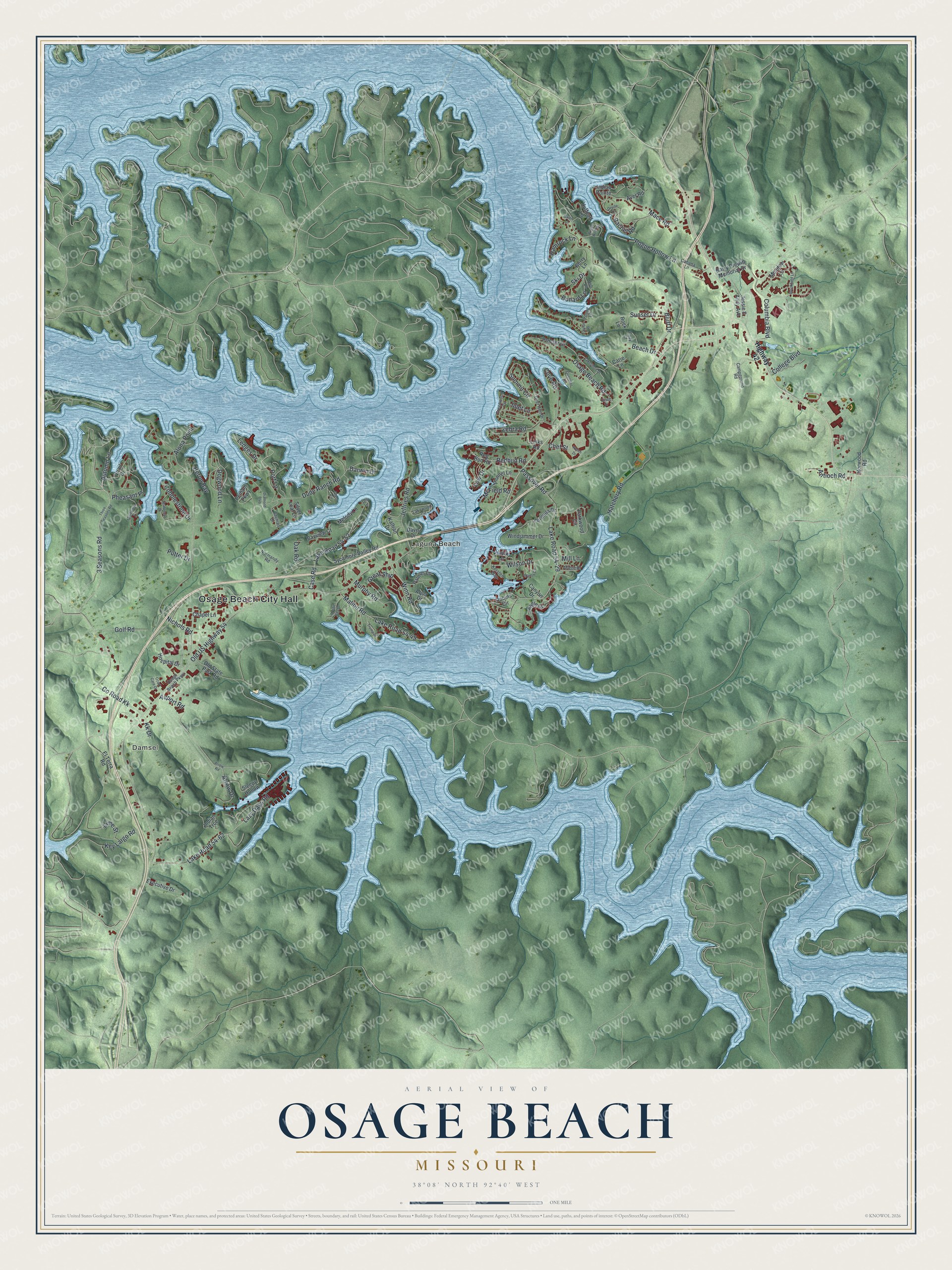 Aerial map of Osage Beach, Missouri, with blue lake arms winding through green hills and red buildings along the shore