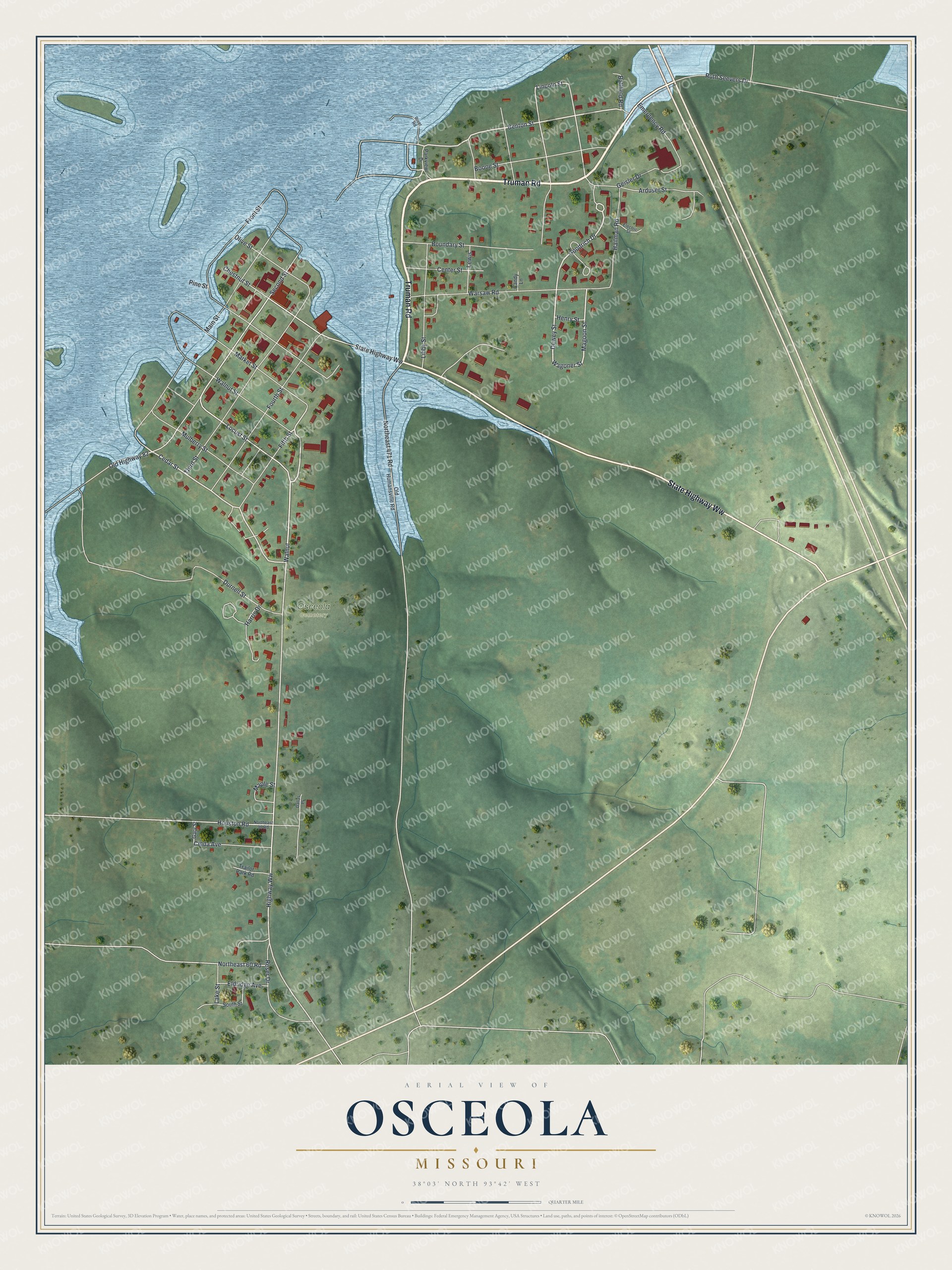 Full map of Osceola, Missouri, with red buildings, printed street names and the land around them