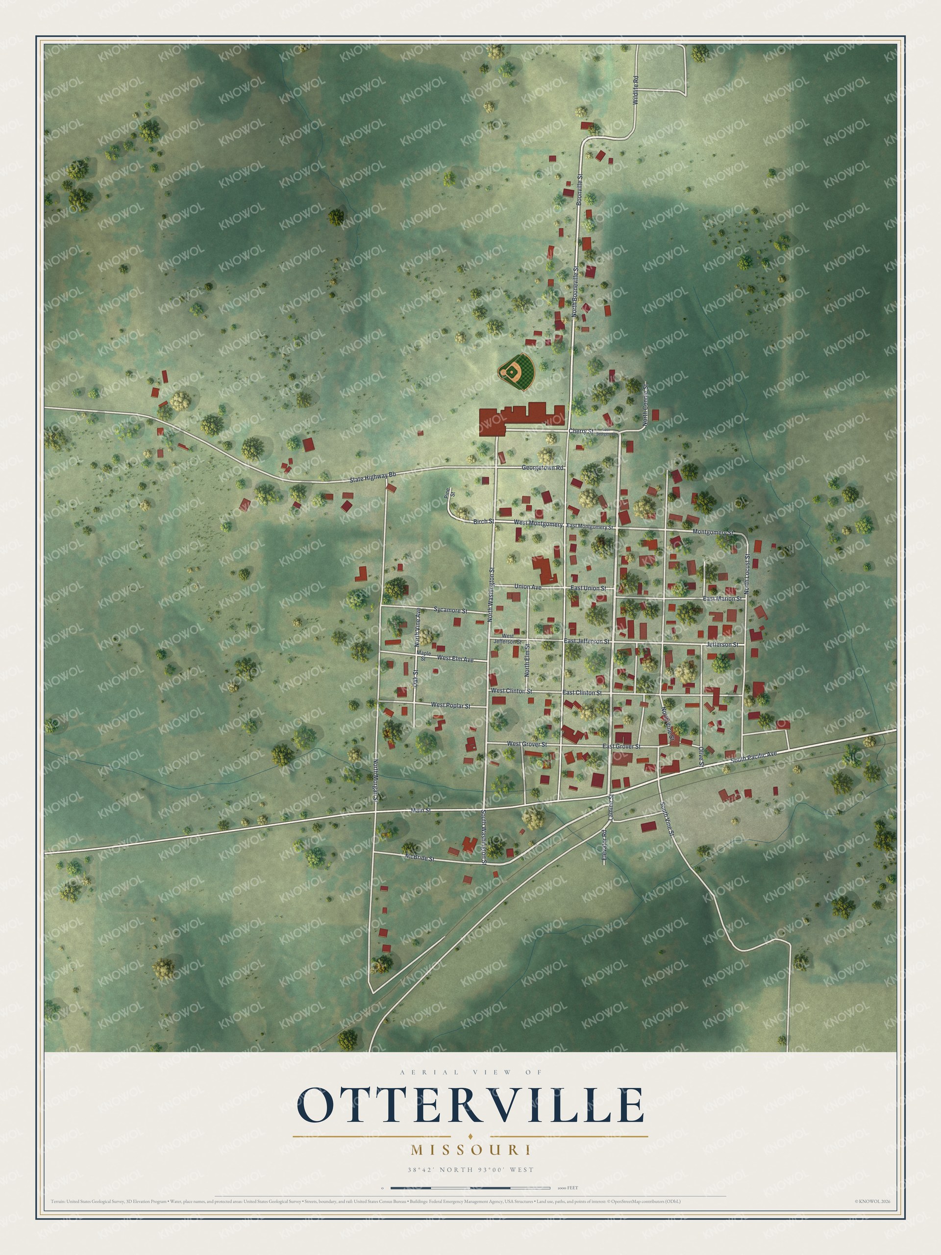 Full map of Otterville, Missouri, with red buildings, printed street names and the land around them
