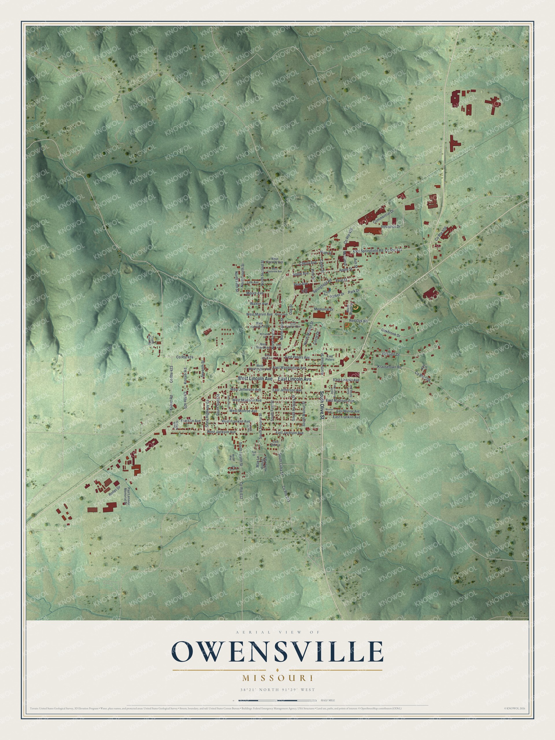 Full map of Owensville, Missouri, with red buildings, printed street names and the land around them