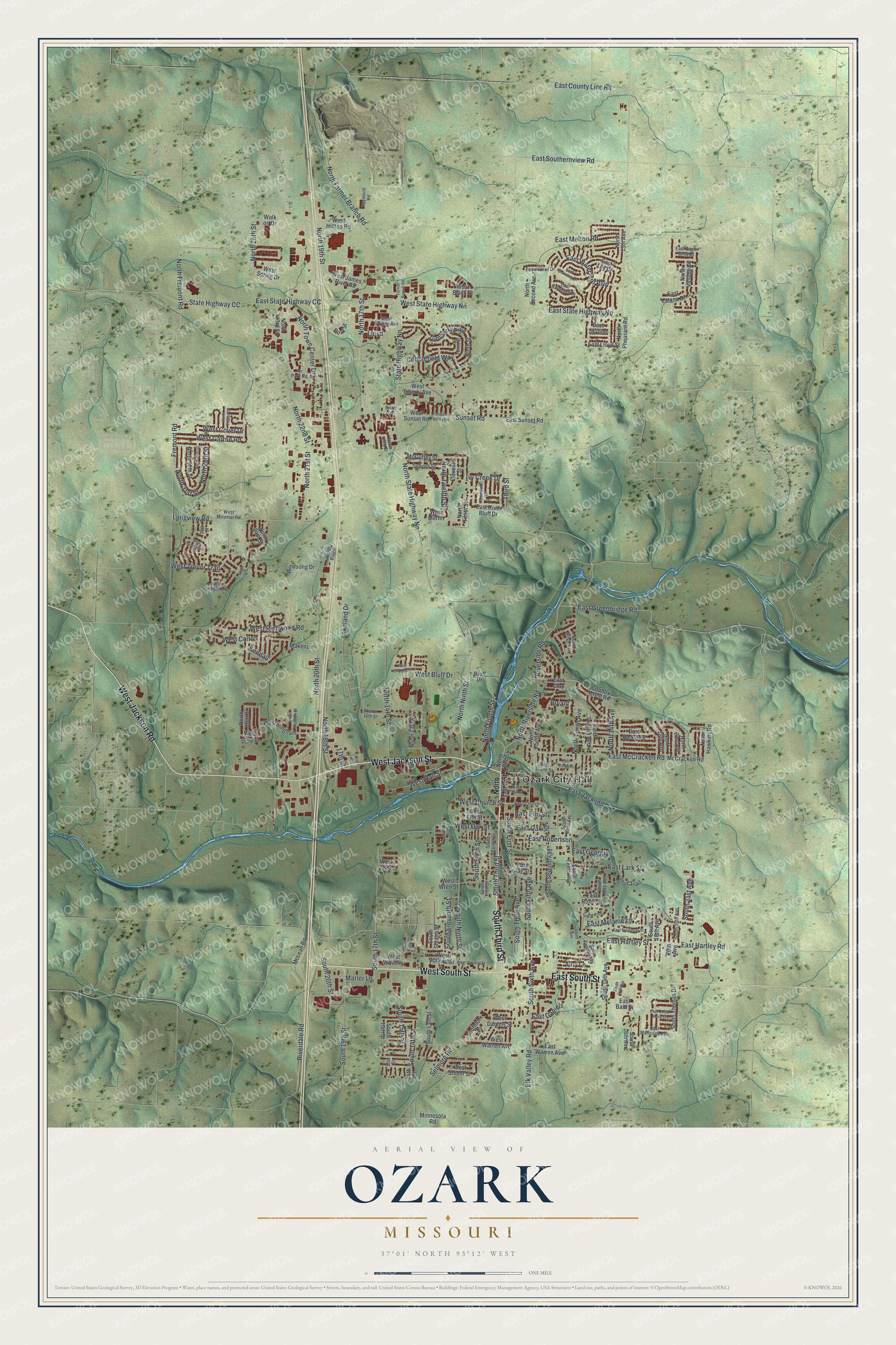 Full map of Ozark, Missouri, with red buildings, printed street names and the land around them
