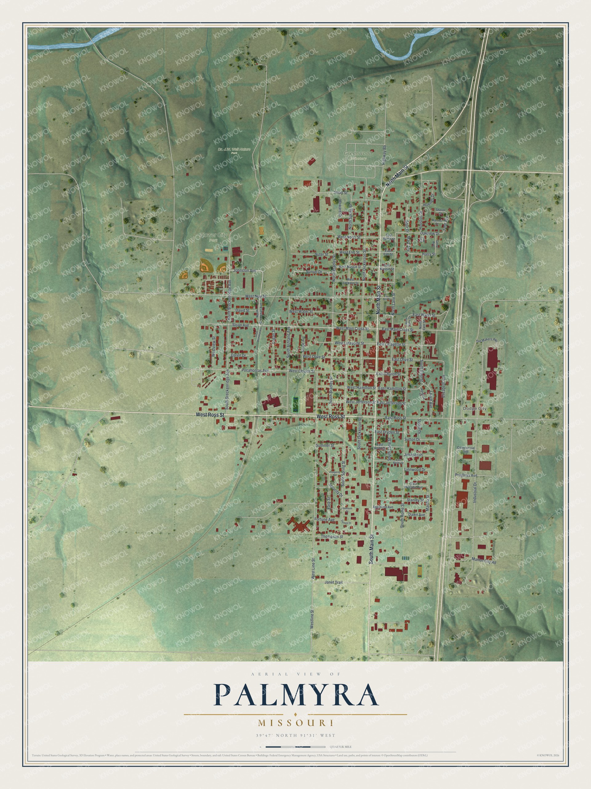 Aerial map of Palmyra, Missouri with red buildings, white streets and green hills, with blue water along the top edge