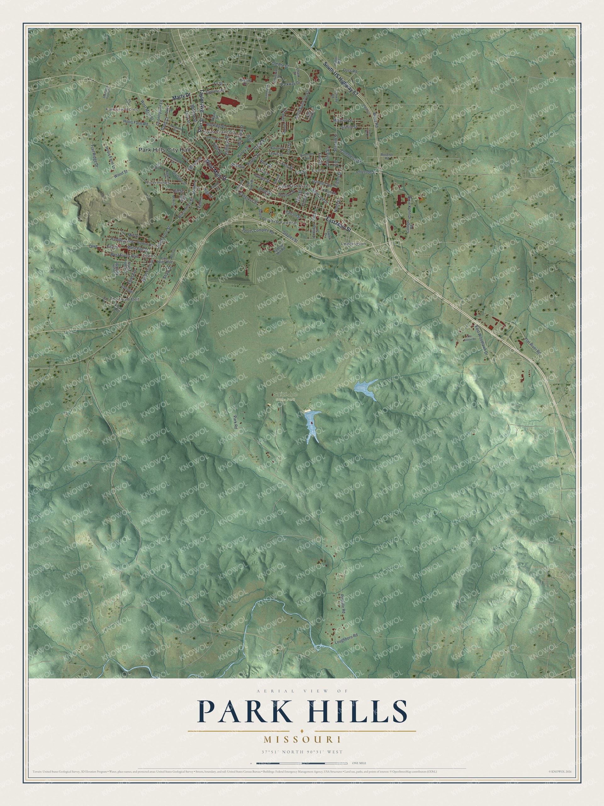 Full map of Park Hills, Missouri, with red buildings, printed street names and the land around them