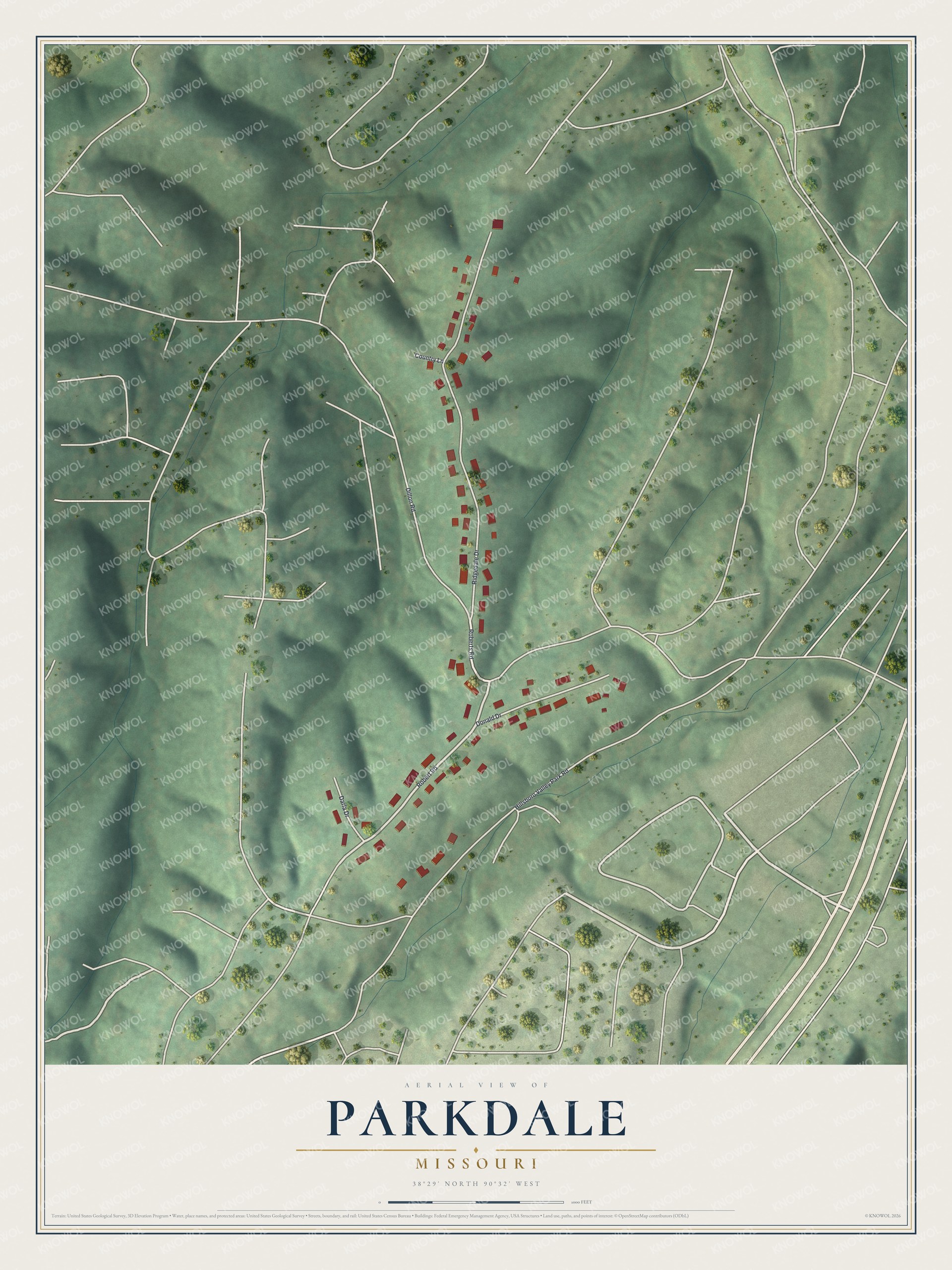 Full map of Parkdale, Missouri, with red buildings, printed street names and the land around them