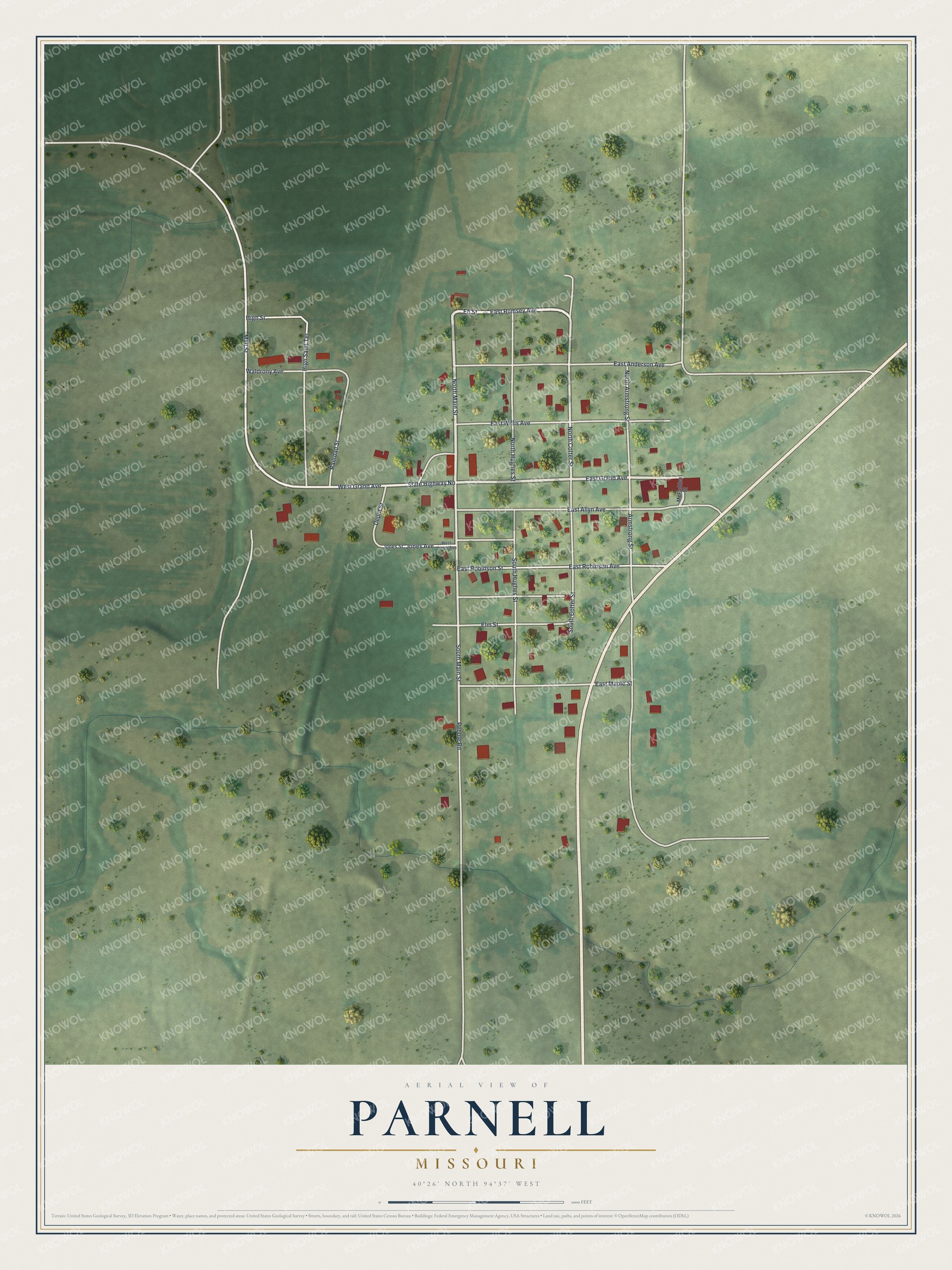 Full map of Parnell, Missouri, with red buildings, printed street names and the land around them