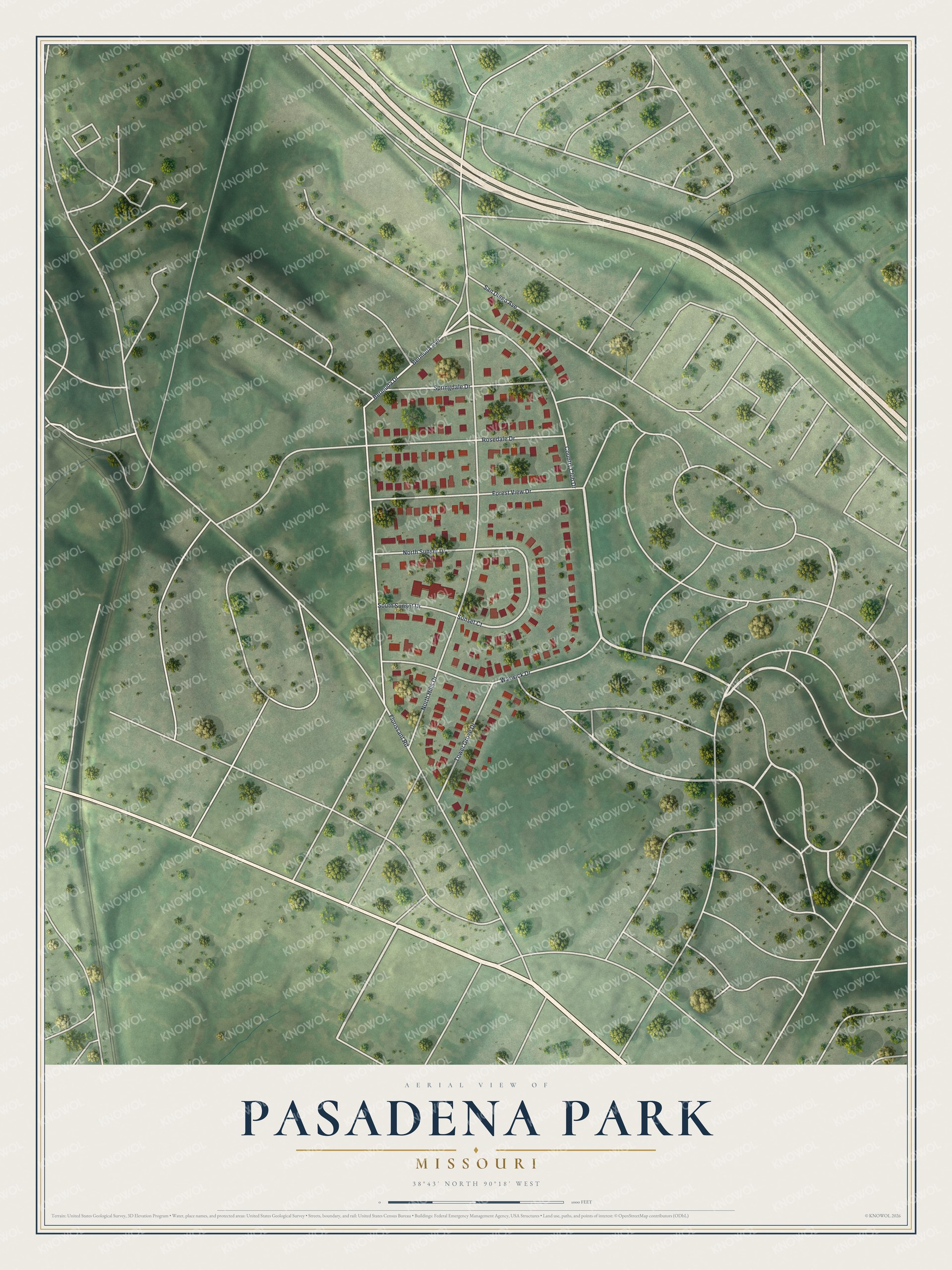 Full map of Pasadena Park, Missouri, with red buildings, printed street names and the land around them