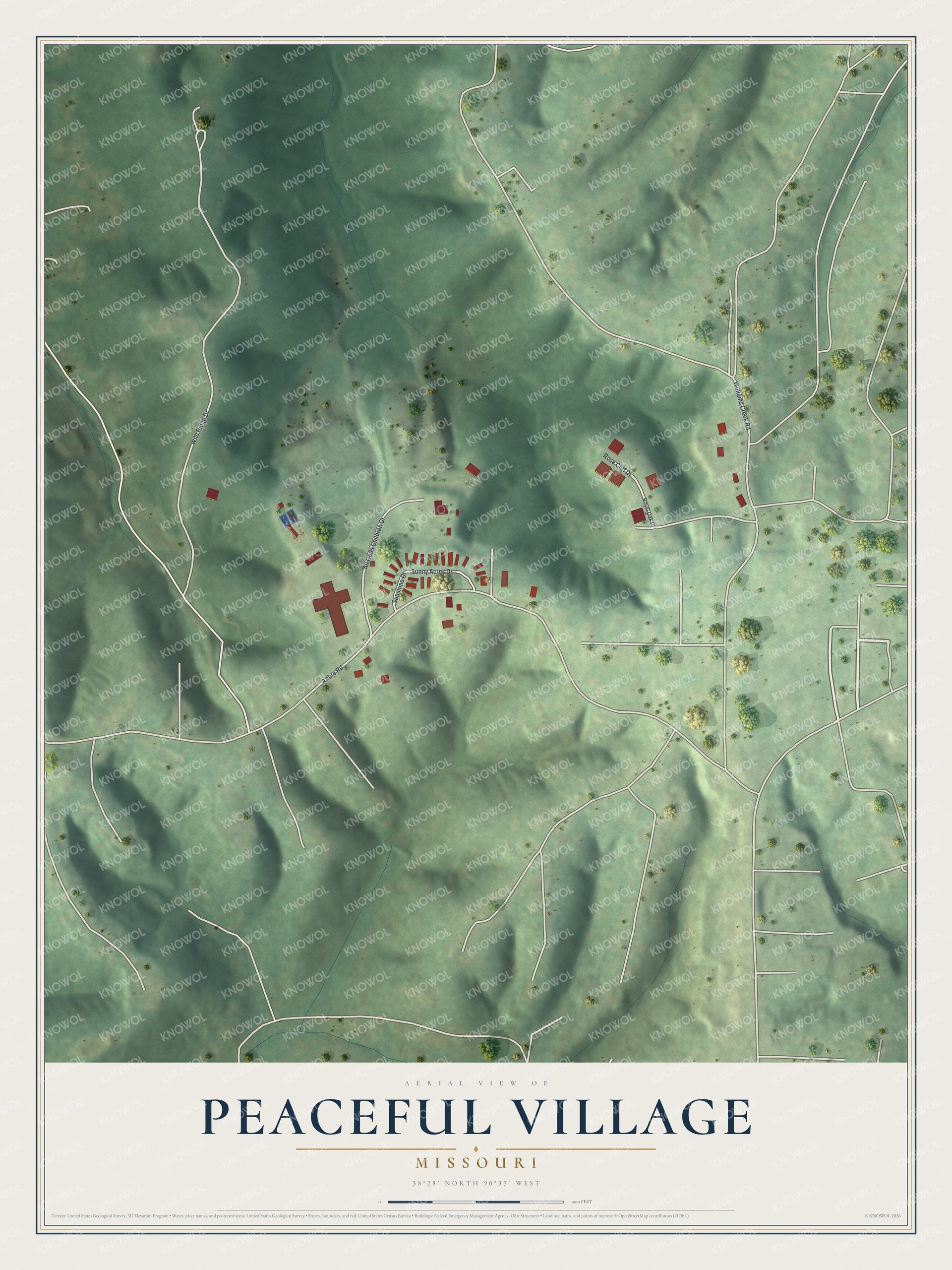 Full map of Peaceful Village, Missouri, with red buildings, printed street names and the land around them