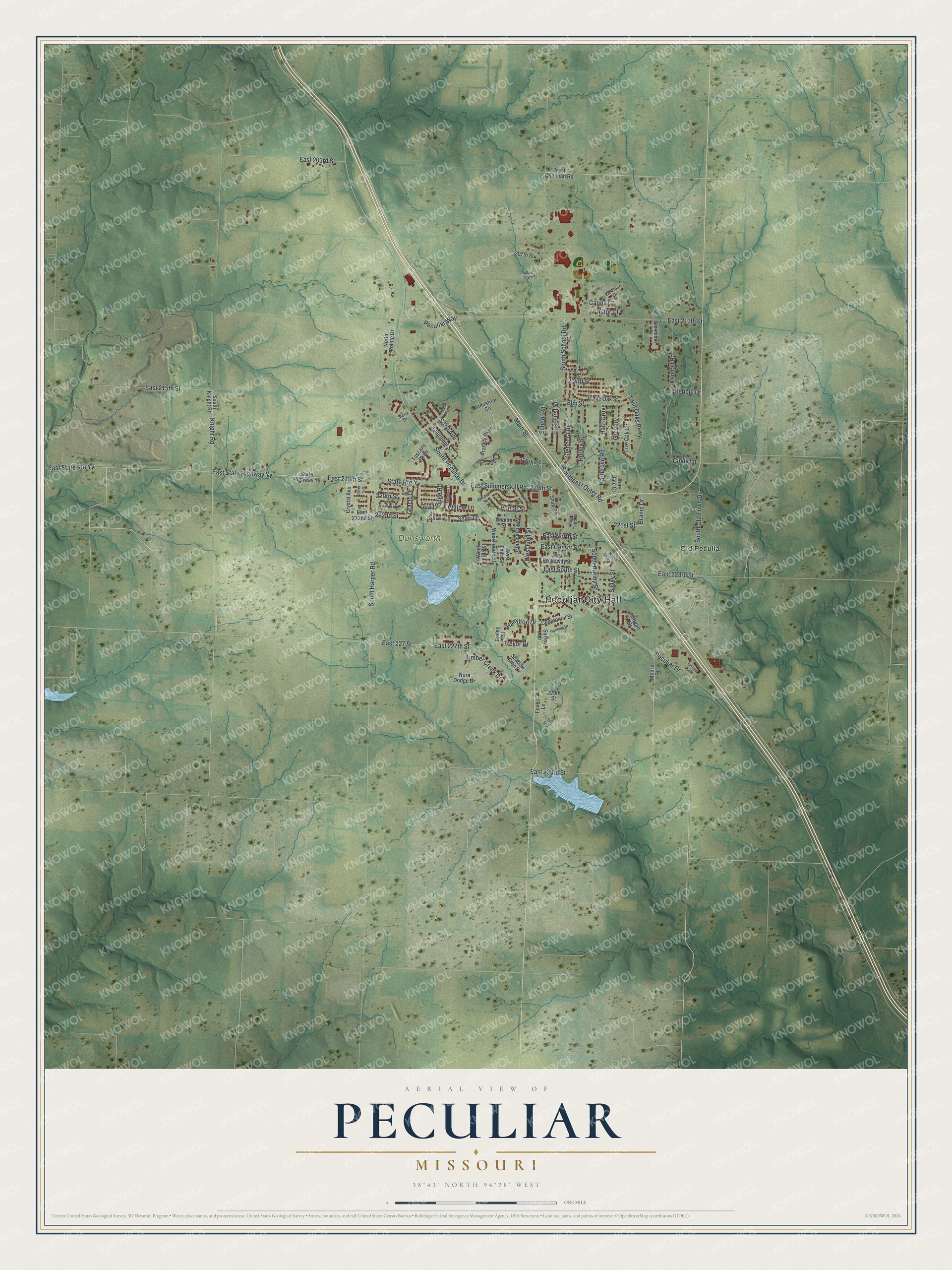 Full map of Peculiar, Missouri, with red buildings, printed street names and the land around them