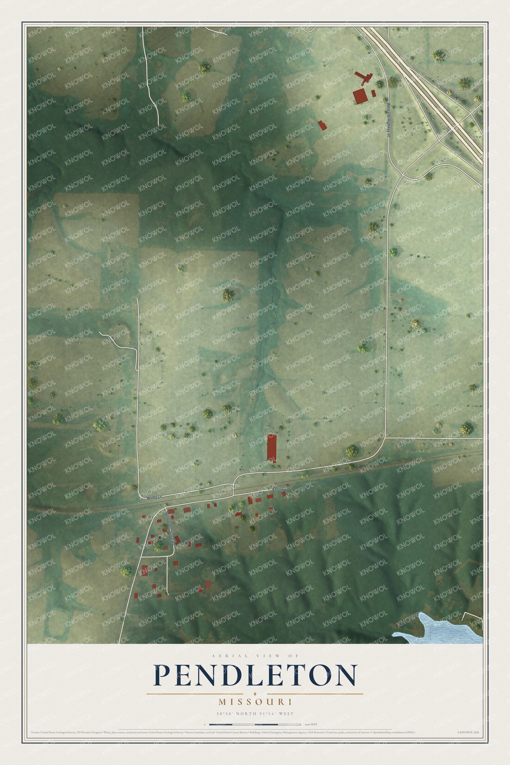 Full map of Pendleton, Missouri, with red buildings, printed street names and the land around them
