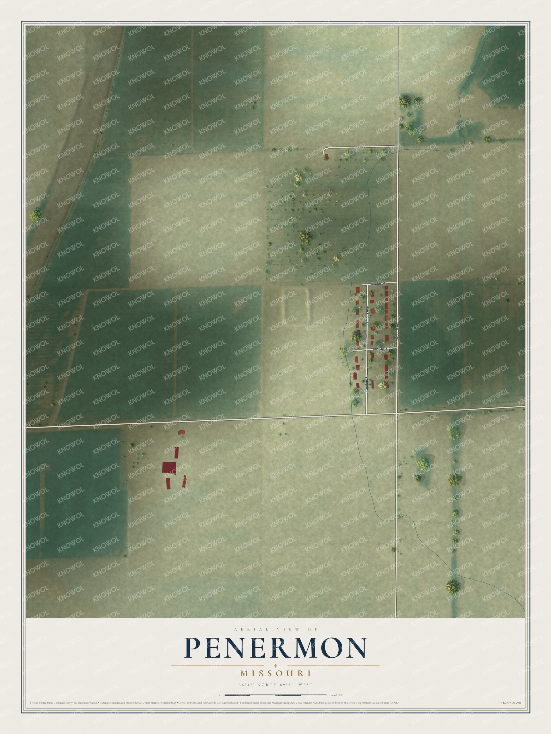 Full map of Penermon, Missouri, with red buildings, printed street names and the land around them