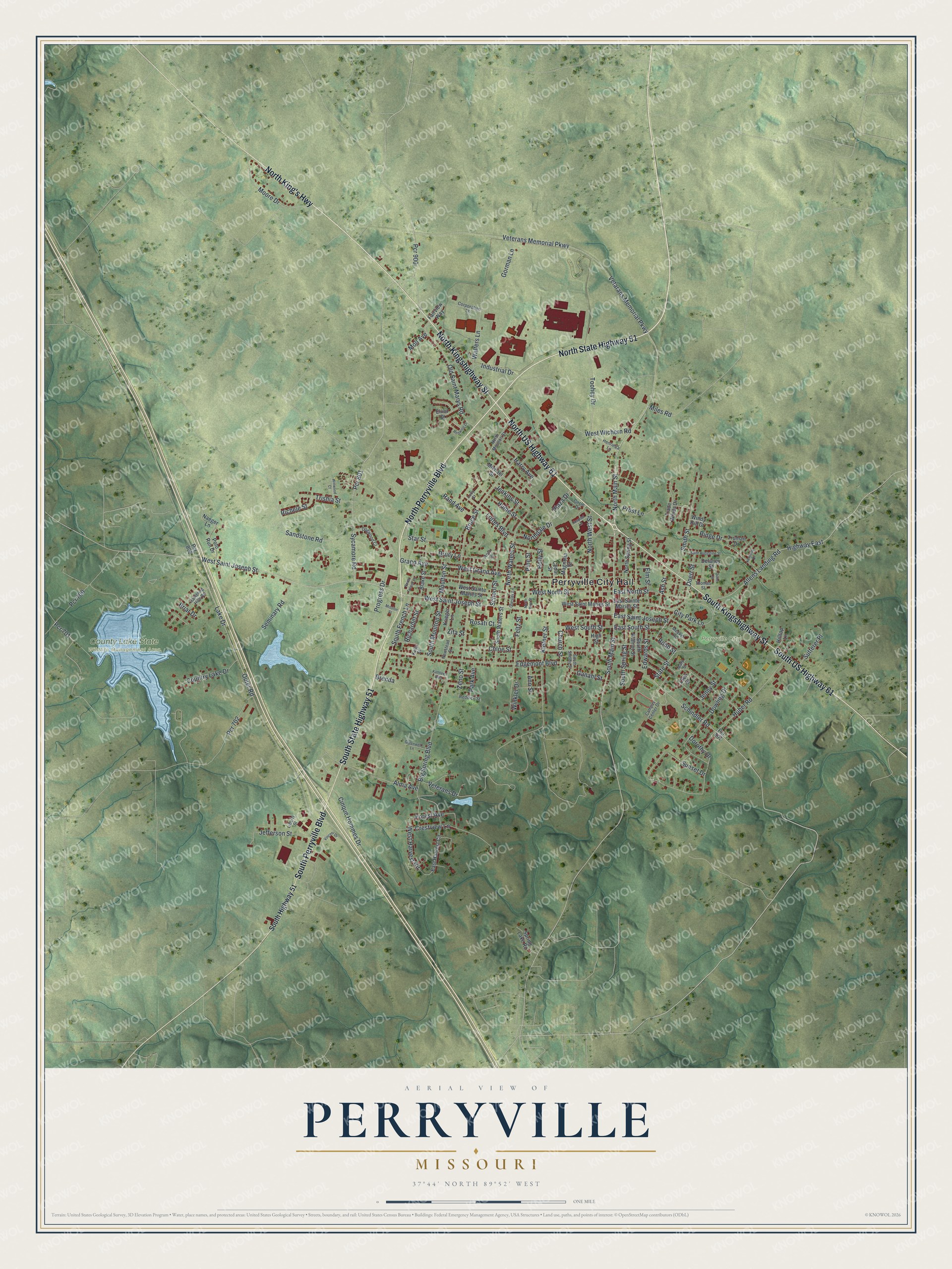 Aerial map of Perryville, Missouri, with red buildings on green shaded hills and a blue lake to the west