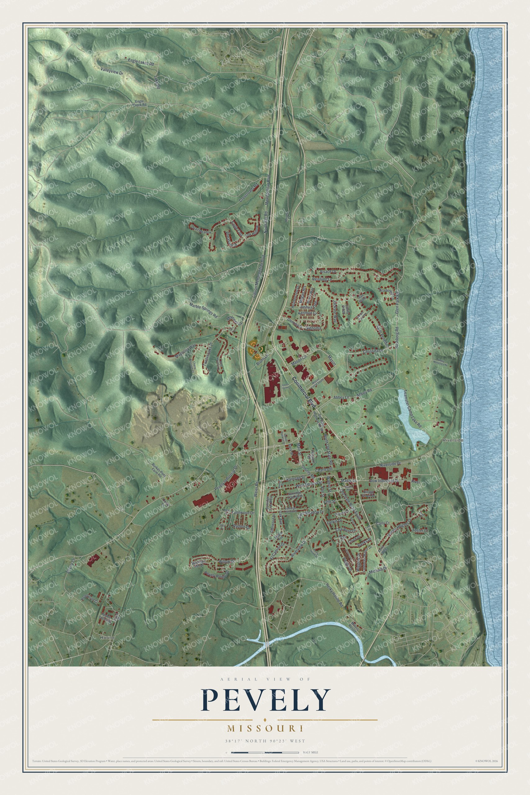 Full map of Pevely, Missouri, with red buildings, printed street names and the land around them