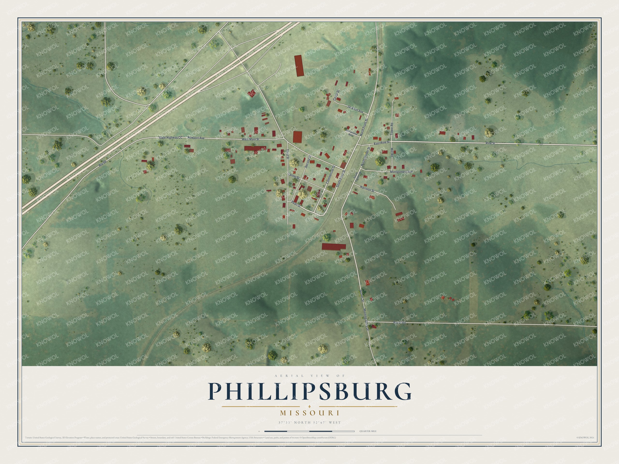 Full map of Phillipsburg, Missouri, with red buildings, printed street names and the land around them