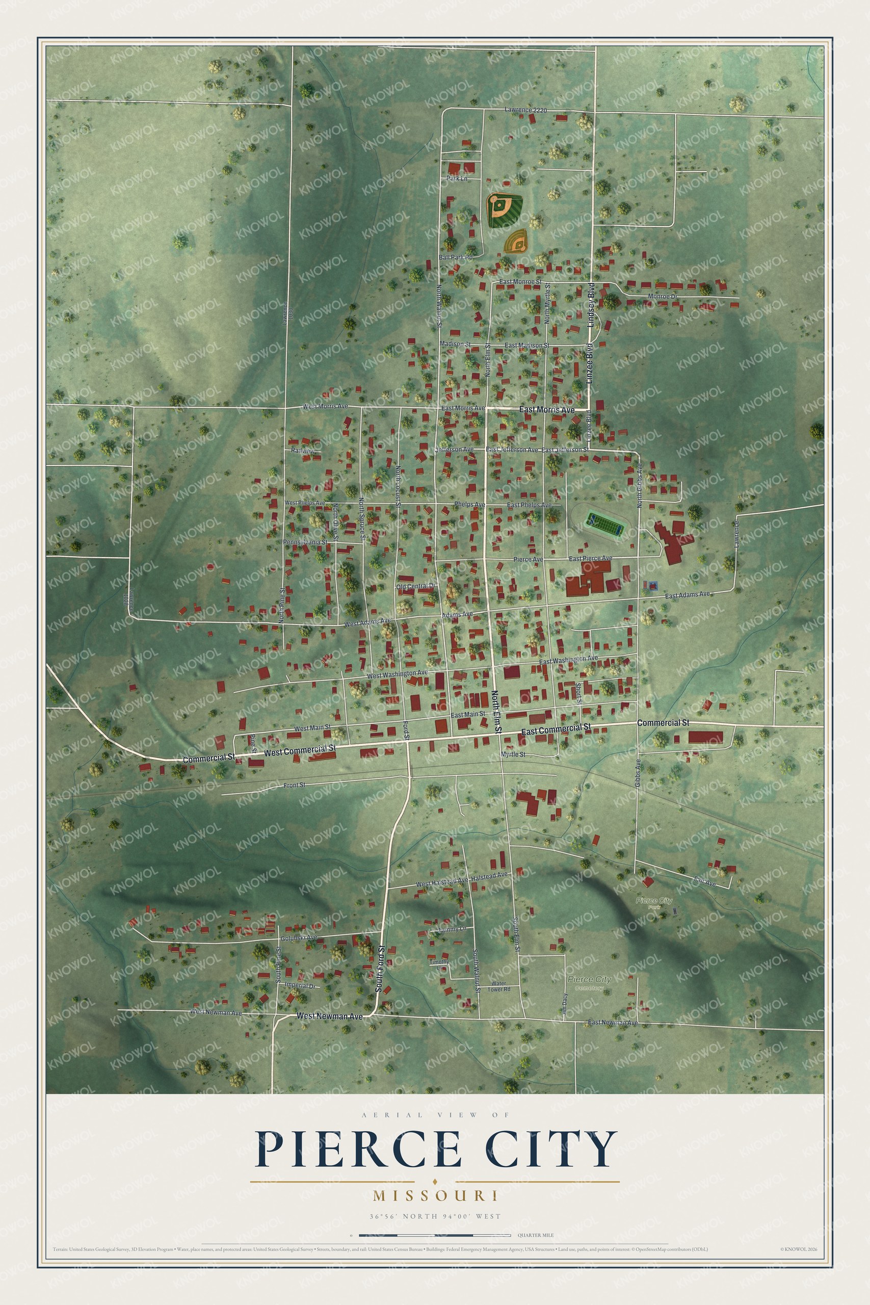 Aerial map of Pierce City, Missouri with red buildings, a rail line along Commercial Street, and green shaded hills